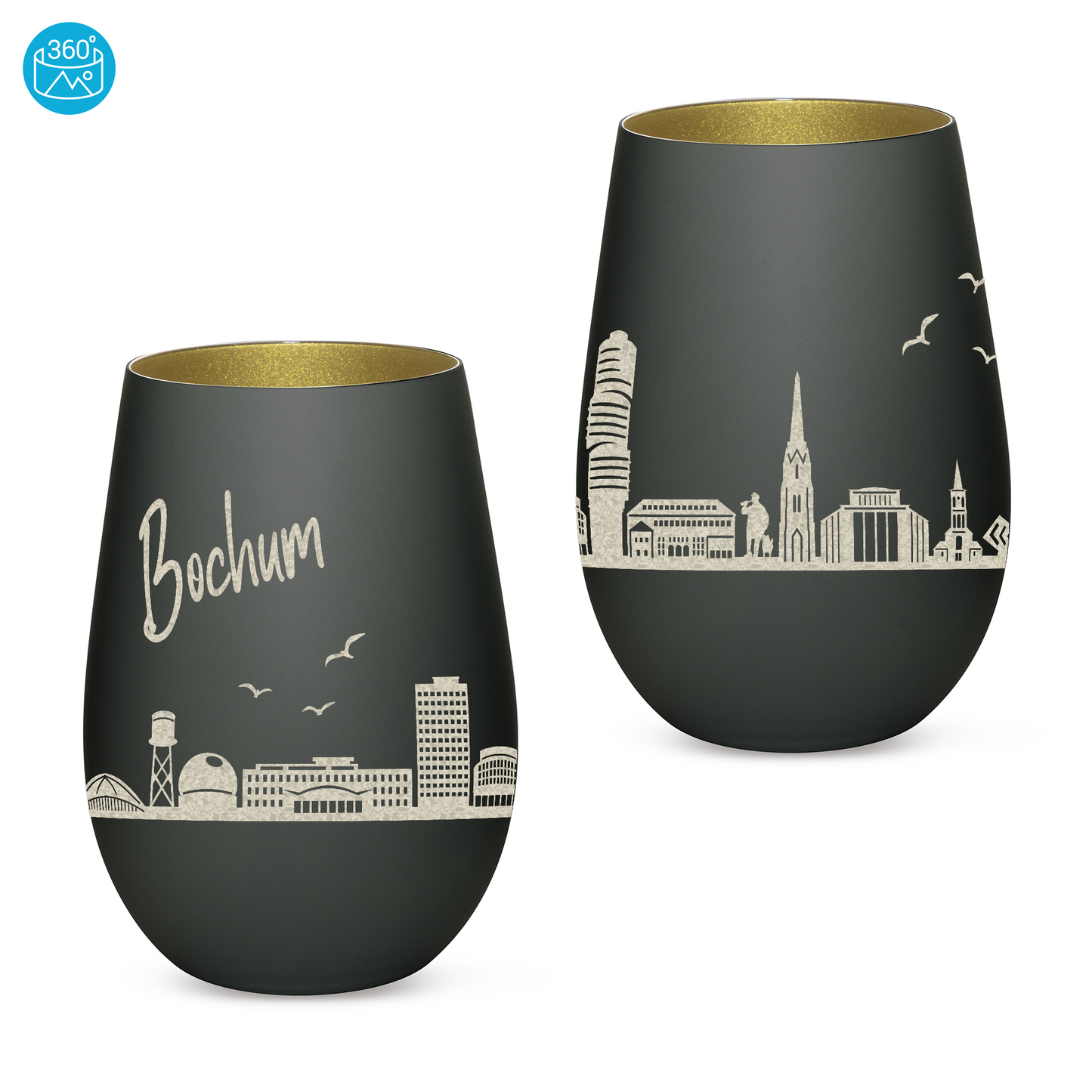 Hochwertiges Glas Windlicht mit Gravur "SKYLINE BOCHUM" in der Farbe Schwarz/Gold