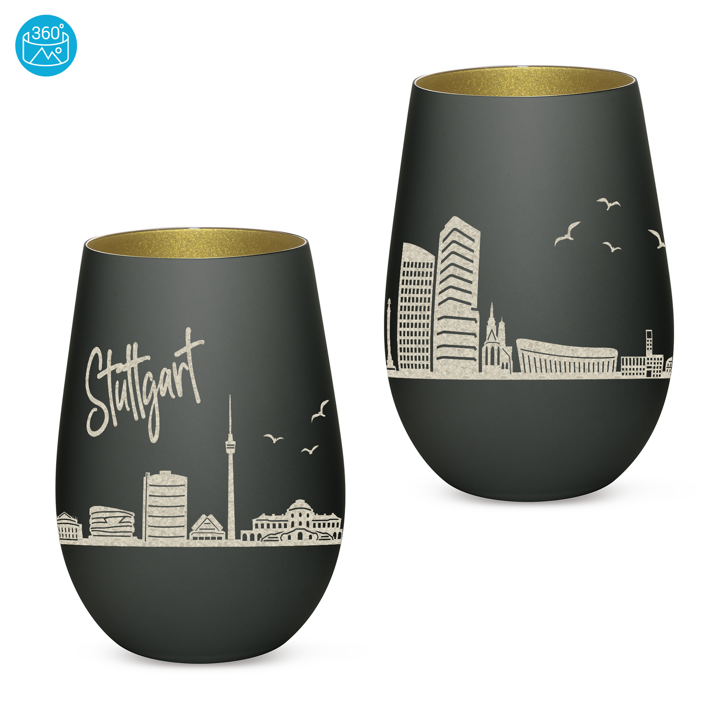 Hochwertiges Glas Windlicht mit Gravur "SKYLINE STUTTGART" in der Farbe Schwarz/Gold
