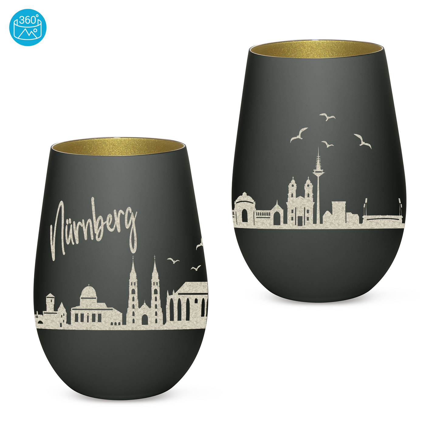 Hochwertiges Glas Windlicht mit Gravur "SKYLINE NÜRNBERG" in der Farbe Schwarz/Gold