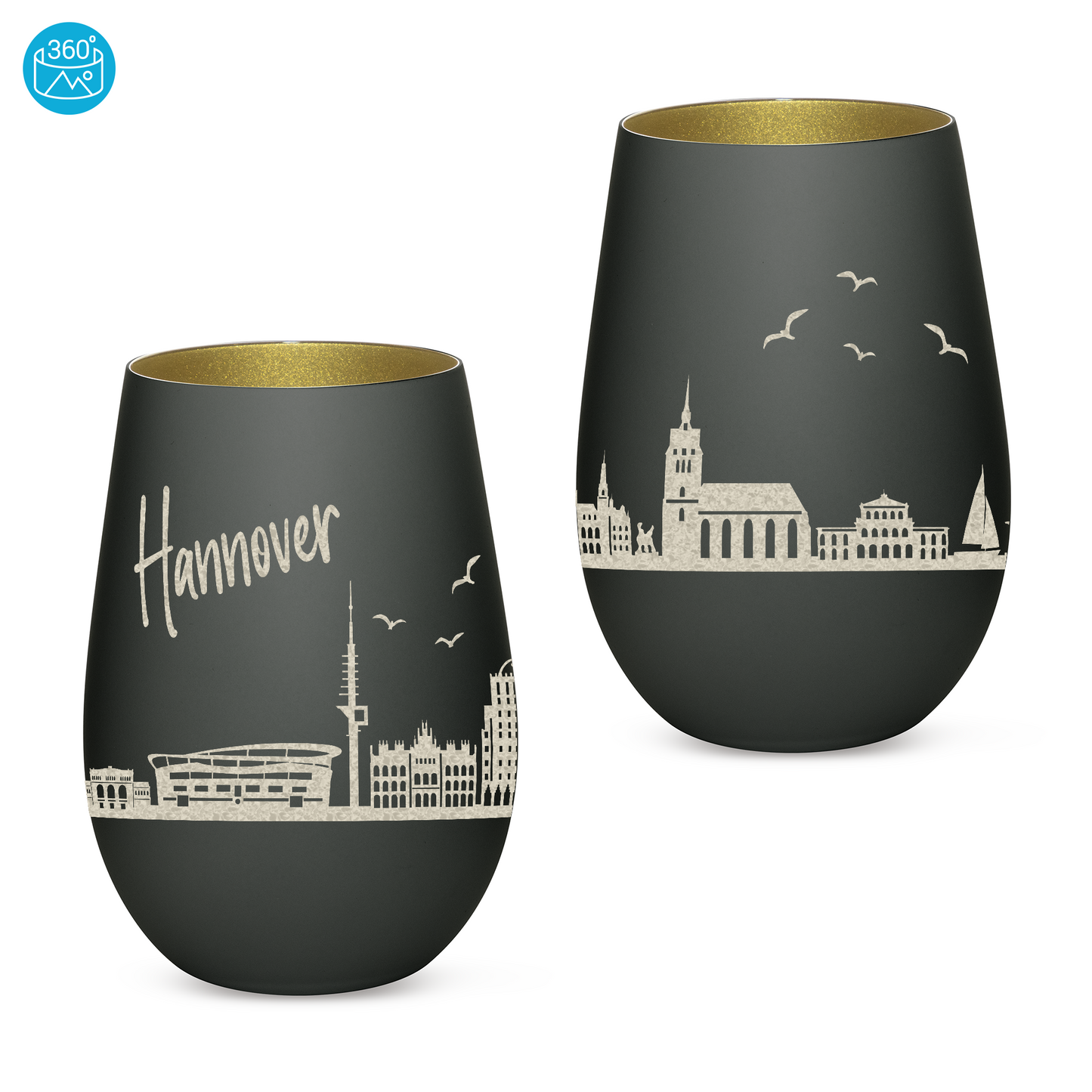 Hochwertiges Glas Windlicht mit Gravur "SKYLINE HANNOVER" in der Farbe Schwarz/Gold