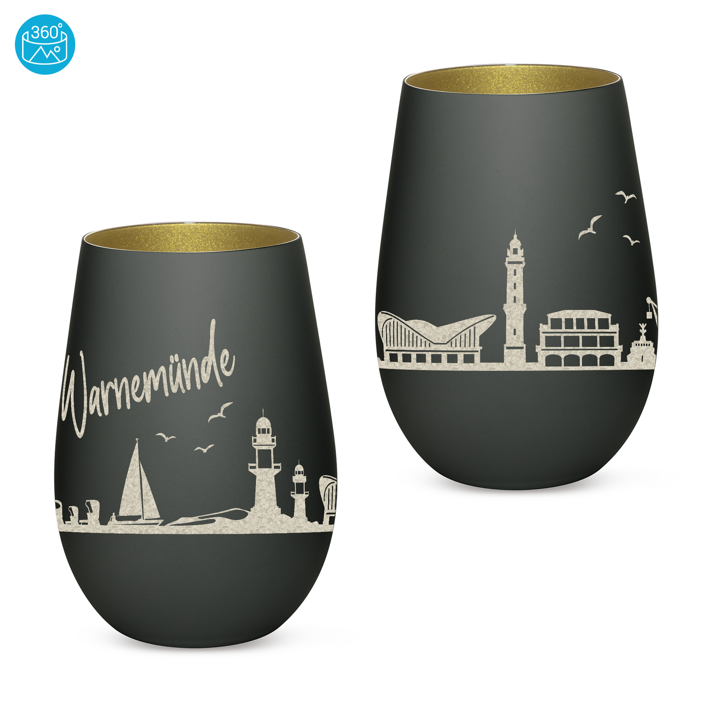 Hochwertiges Glas Windlicht mit Gravur "SKYLINE WARNEMÜNDE" in der Farbe Schwarz/Gold