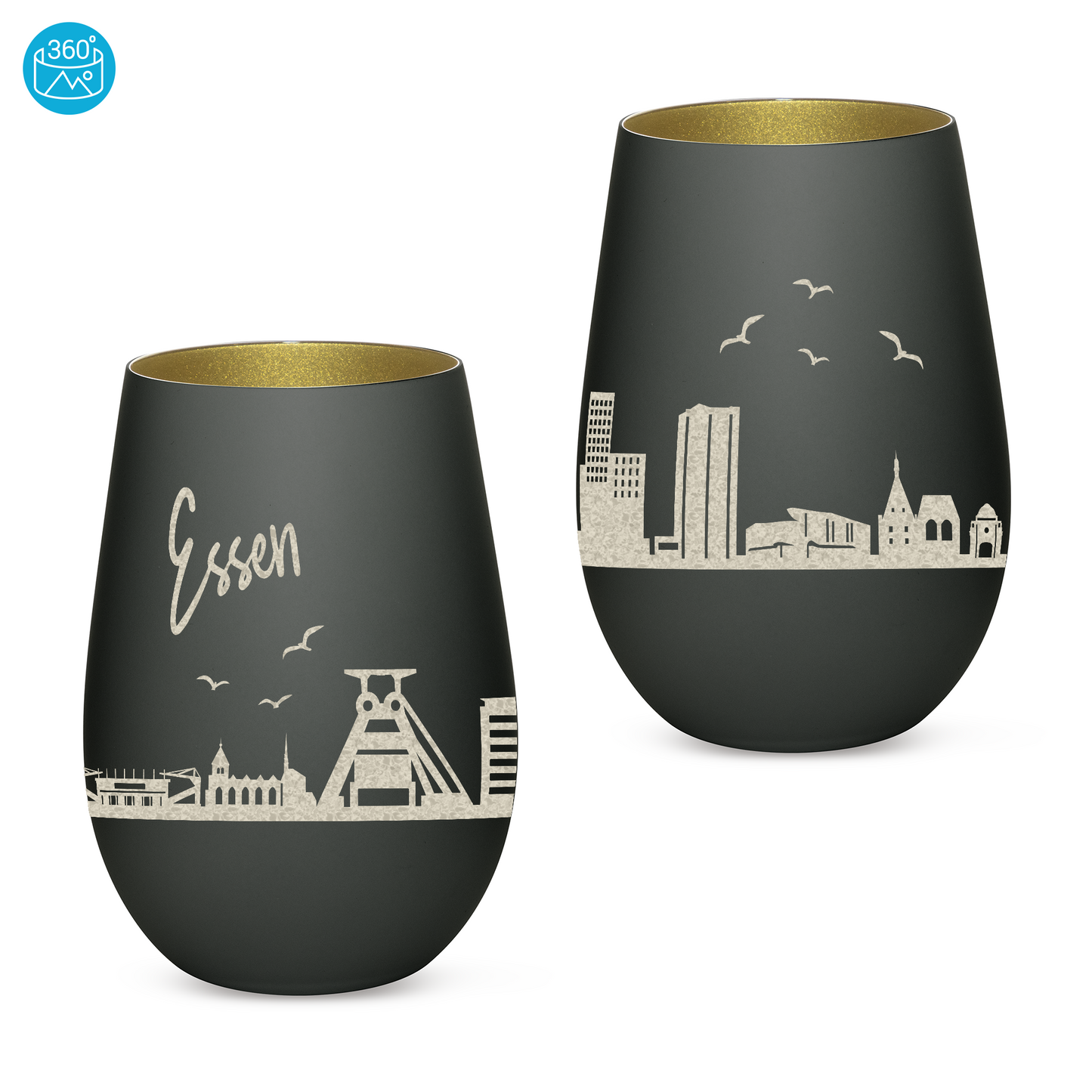 Hochwertiges Glas Windlicht mit Gravur "SKYLINE ESSEN" in der Farbe Schwarz/Gold