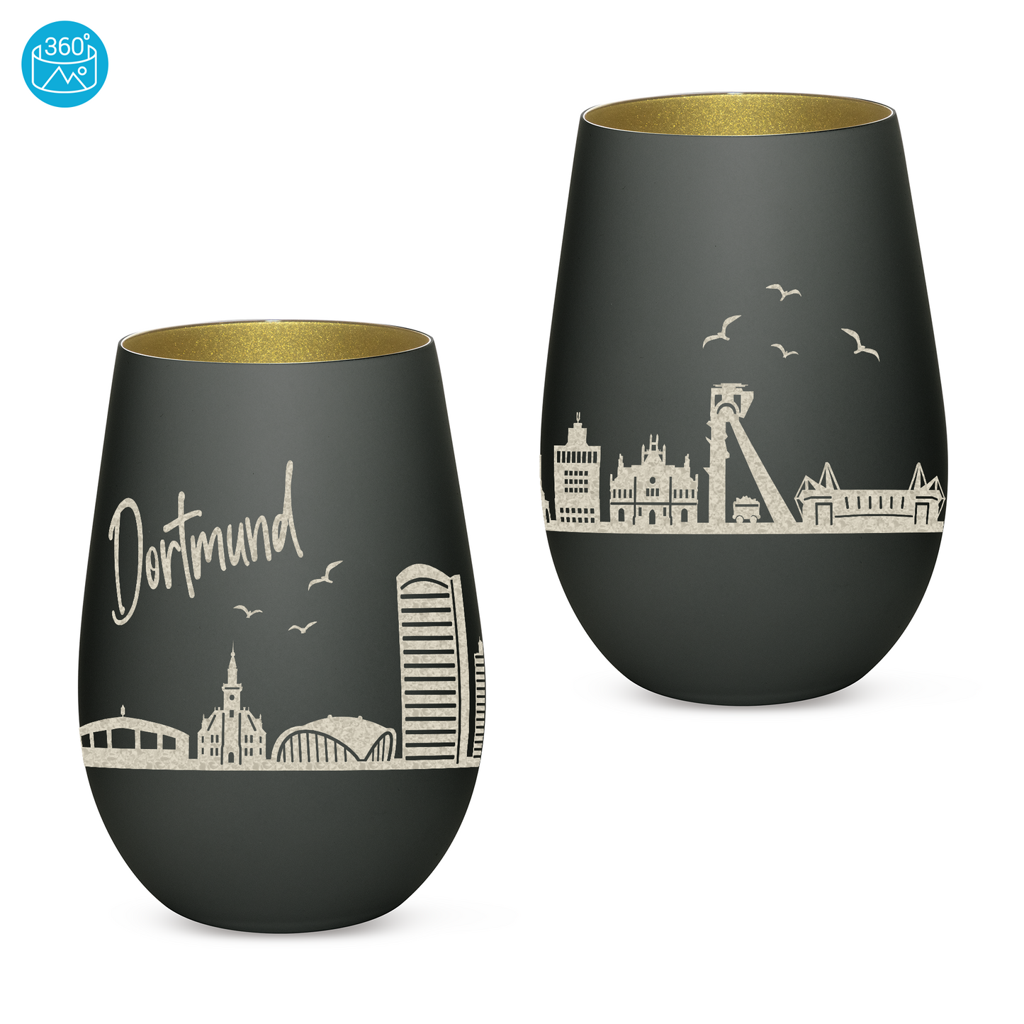 Hochwertiges Glas Windlicht mit Gravur "SKYLINE DORTMUND" in der Farbe Schwarz/Gold