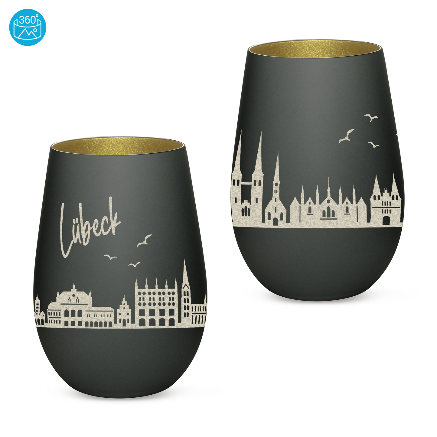 Hochwertiges Glas Windlicht mit Gravur "SKYLINE LÜBECK" in der Farbe Schwarz/Gold