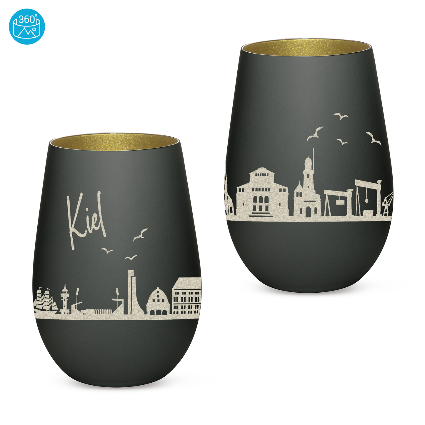 Hochwertiges Glas Windlicht mit Gravur "SKYLINE KIEL" in der Farbe Schwarz/Gold