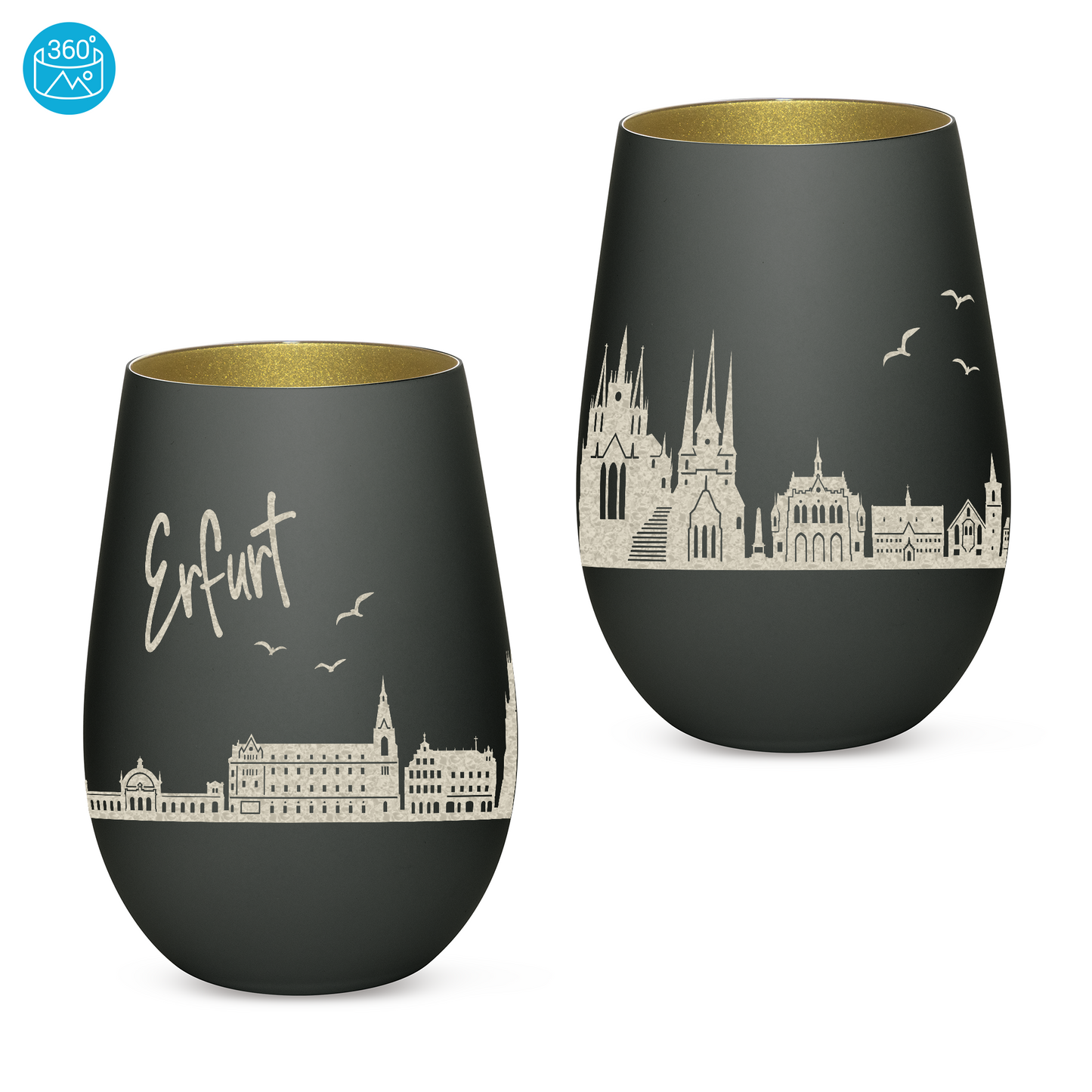 Hochwertiges Glas Windlicht mit Gravur "SKYLINE ERFURT" in der Farbe Schwarz/Gold