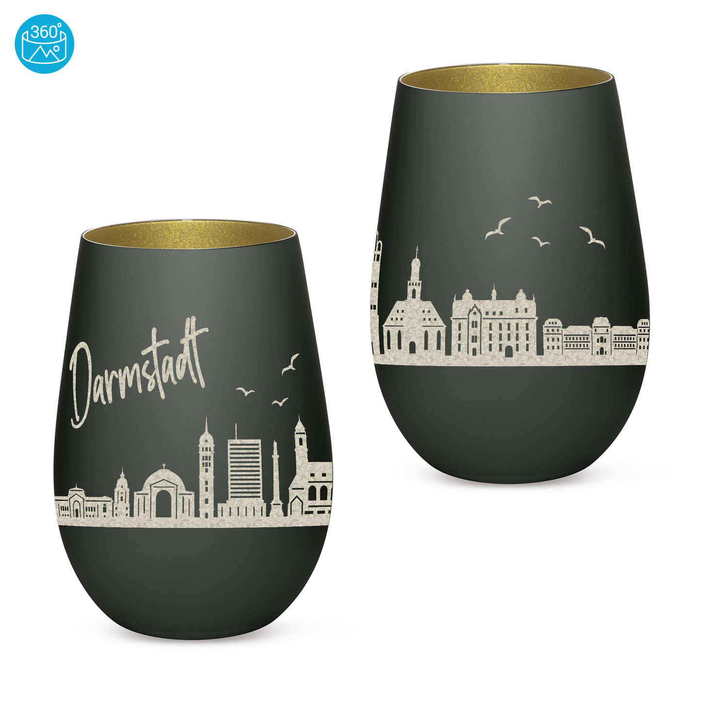 Hochwertiges Glas Windlicht mit Gravur "SKYLINE DARMSTADT" in der Farbe Schwarz/Gold