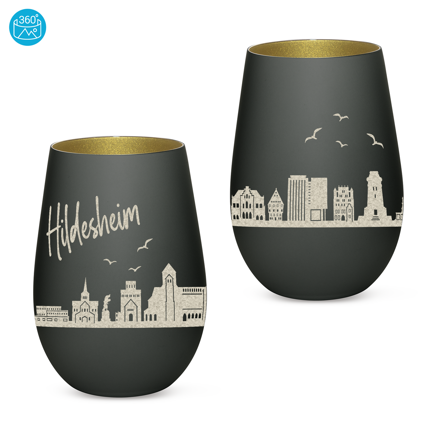 Hochwertiges Glas Windlicht mit Gravur "SKYLINE HILDESHEIM" in der Farbe Schwarz/Gold