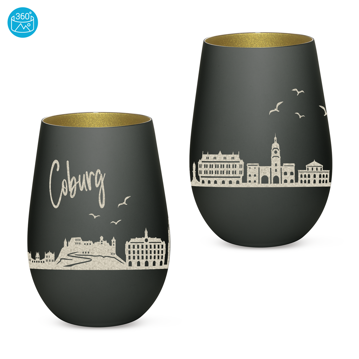 Hochwertiges Glas Windlicht mit Gravur "SKYLINE COBURG" in der Farbe Schwarz/Gold