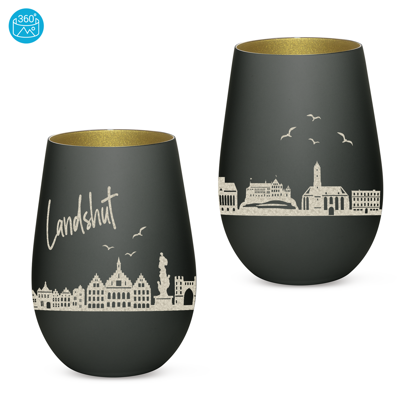 Hochwertiges Glas Windlicht mit Gravur "SKYLINE LANDSHUT" in der Farbe Schwarz/Gold