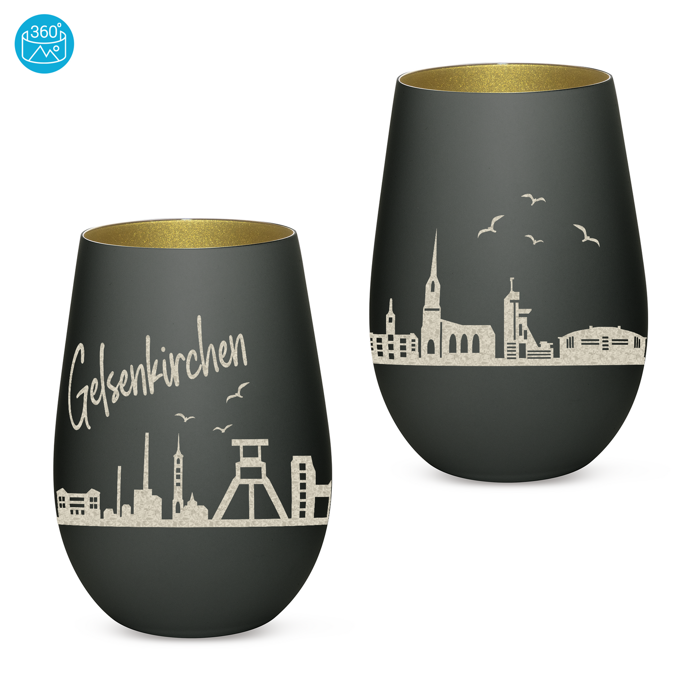 Hochwertiges Glas Windlicht mit Gravur "SKYLINE GELSENKIRCHEN" in der Farbe Schwarz/Gold