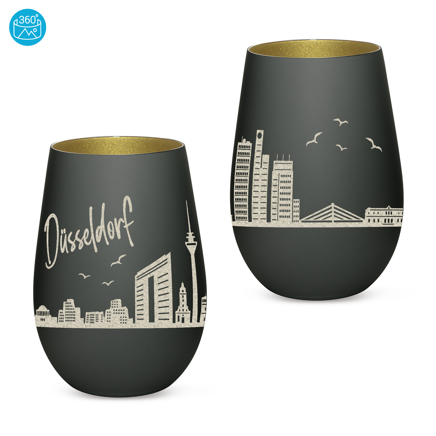 Hochwertiges Glas Windlicht mit Gravur "SKYLINE DÜSSELDORF" in der Farbe Schwarz/Gold