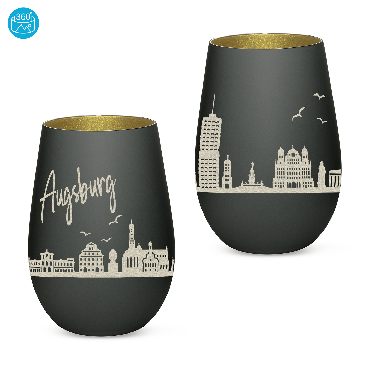 Hochwertiges Glas Windlicht mit Gravur "SKYLINE AUGSBURG" in der Farbe Schwarz/Gold