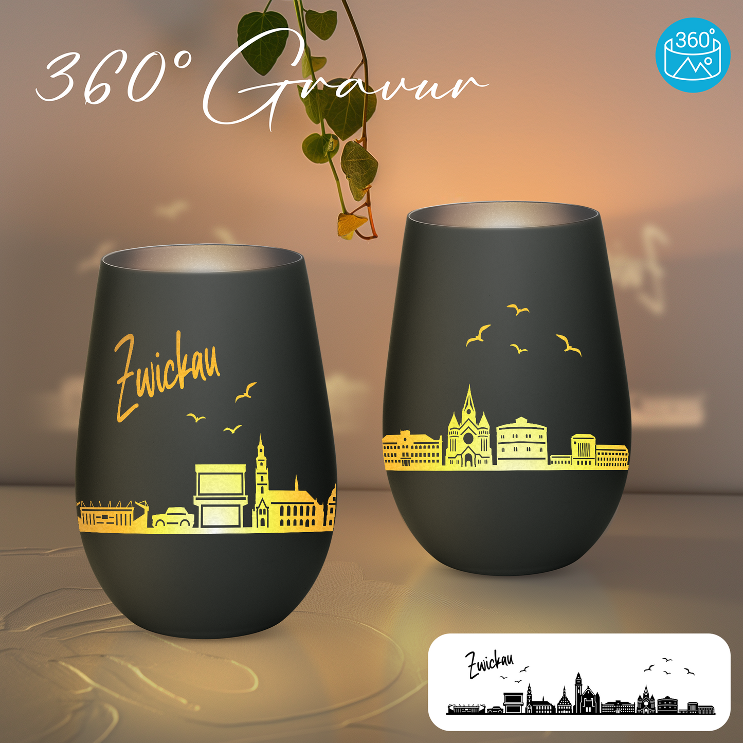 Hochwertiges Glas Windlicht mit Gravur "SKYLINE ZWICKAU" in der Farbe Schwarz/Silber