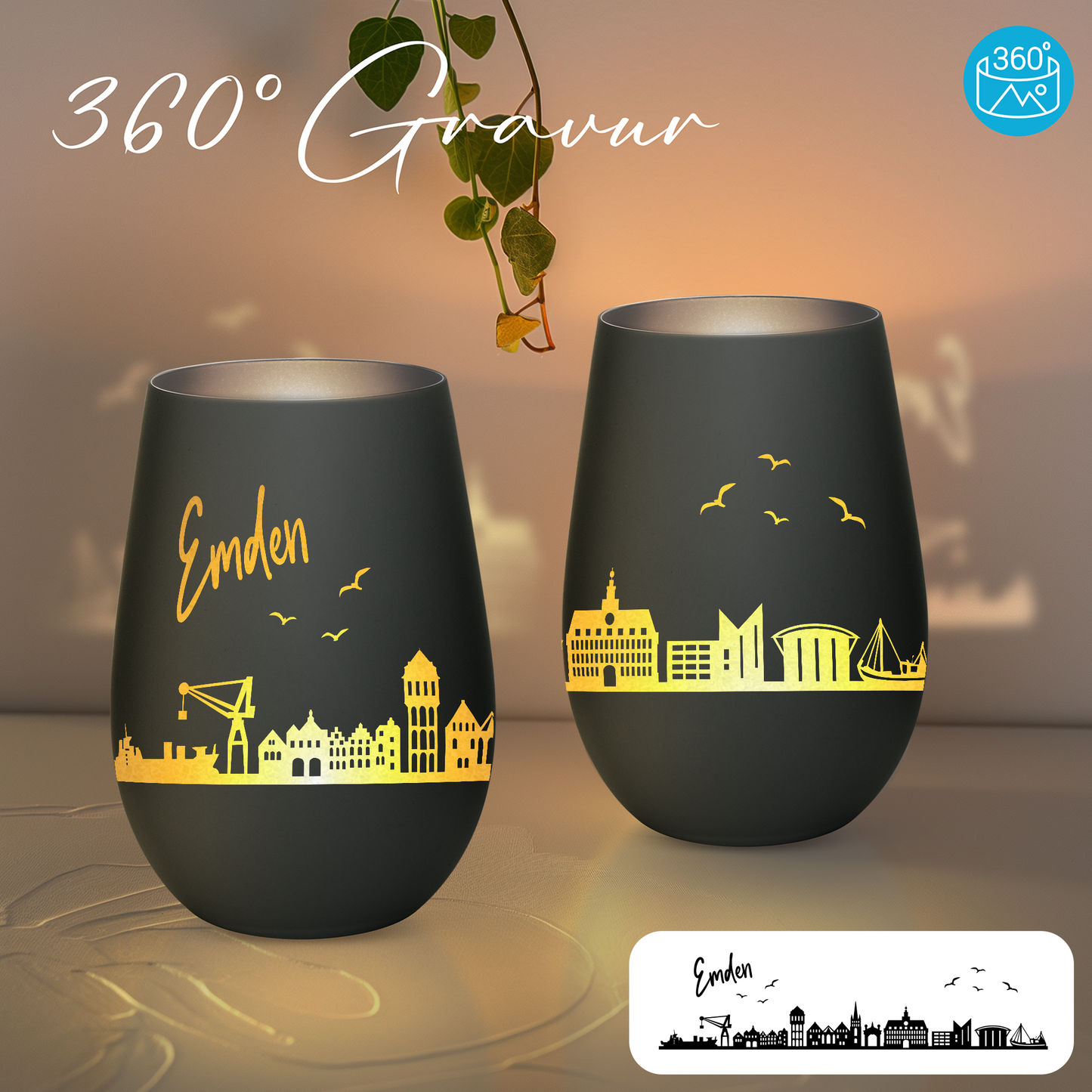Hochwertiges Glas Windlicht mit Gravur "SKYLINE EMDEN" in der Farbe Schwarz/Silber