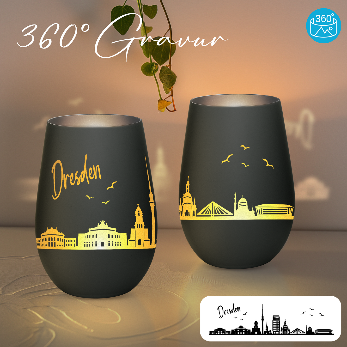 Hochwertiges Glas Windlicht mit Gravur "SKYLINE DRESDEN" in der Farbe Schwarz/Silber