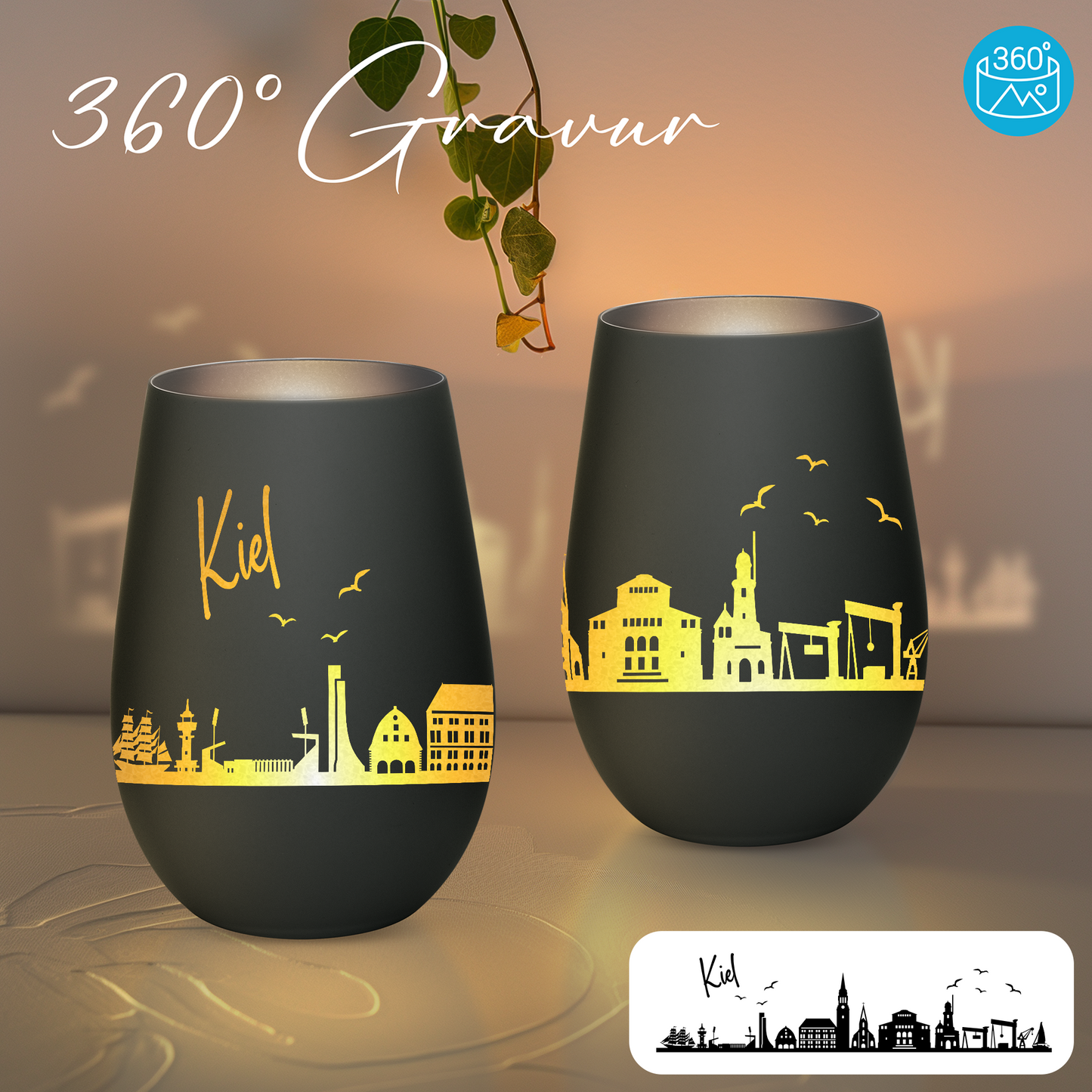 Hochwertiges Glas Windlicht mit Gravur "SKYLINE KIEL" in der Farbe Schwarz/Silber
