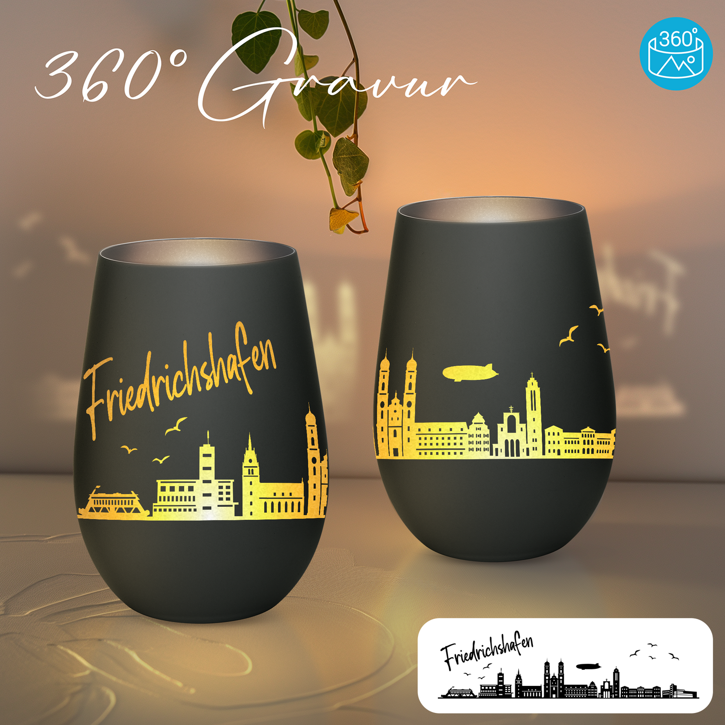 Hochwertiges Glas Windlicht mit Gravur "SKYLINE FRIEDRICHSHAFEN" in der Farbe Schwarz/Silber