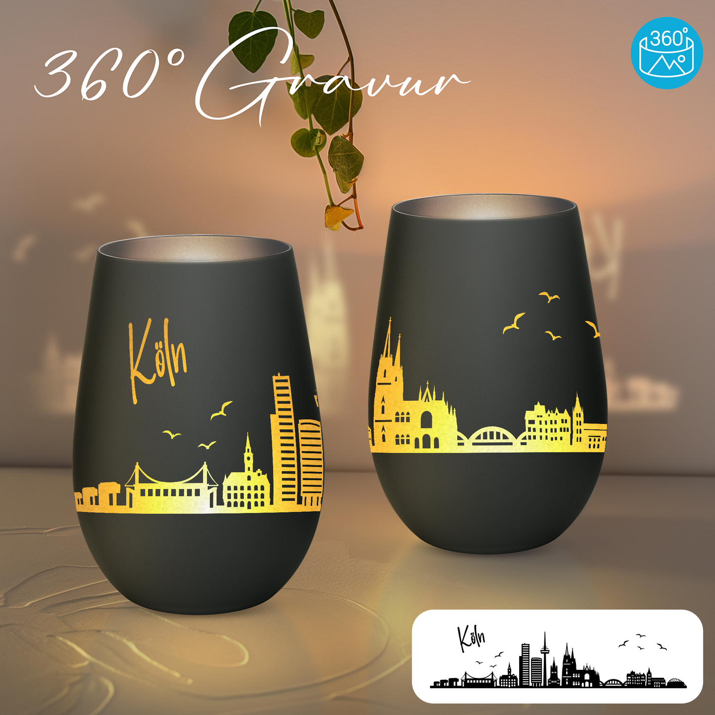Hochwertiges Glas Windlicht mit Gravur "SKYLINE KÖLN" in der Farbe Schwarz/Silber