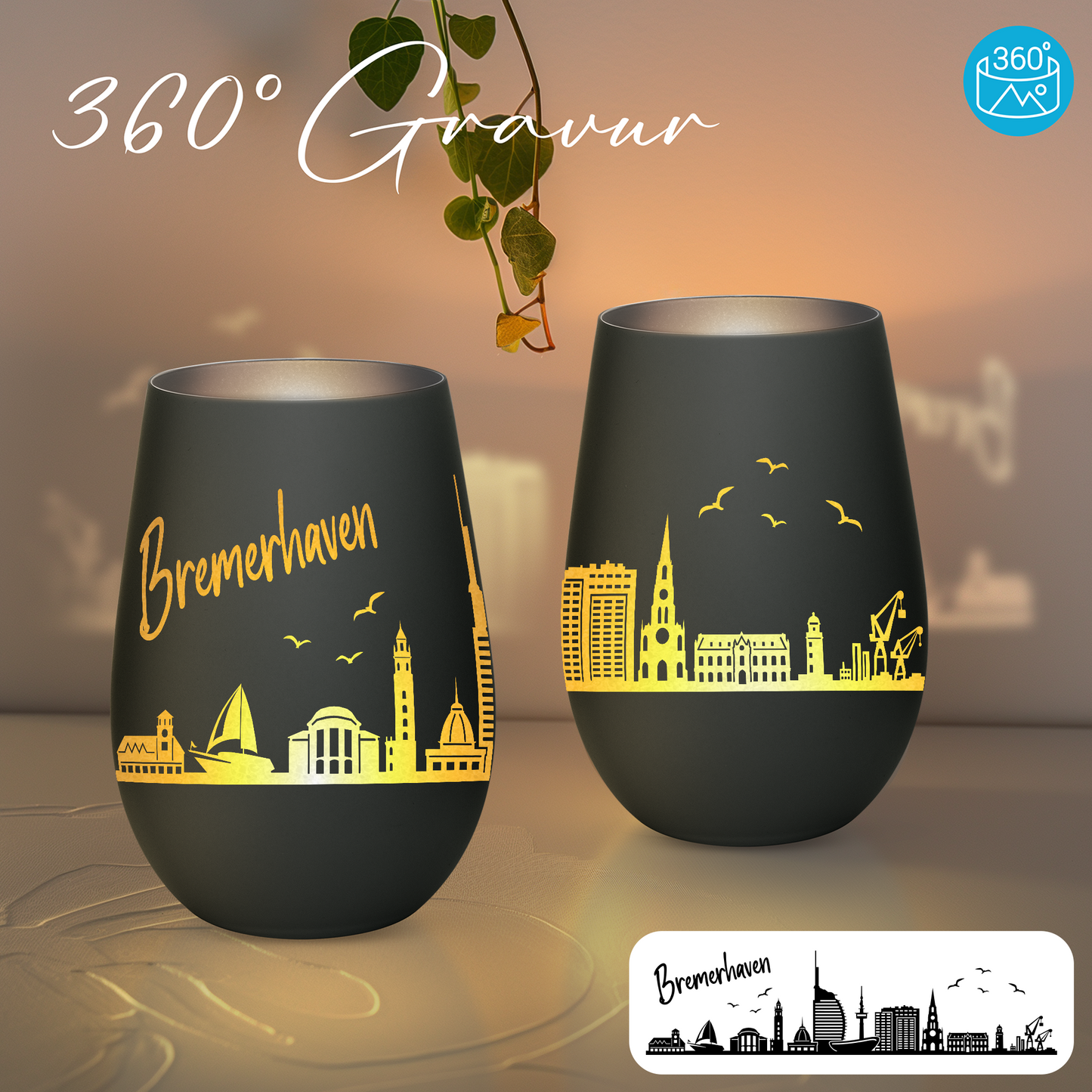 Hochwertiges Glas Windlicht mit Gravur "SKYLINE BREMERHAVEN" in der Farbe Schwarz/Silber