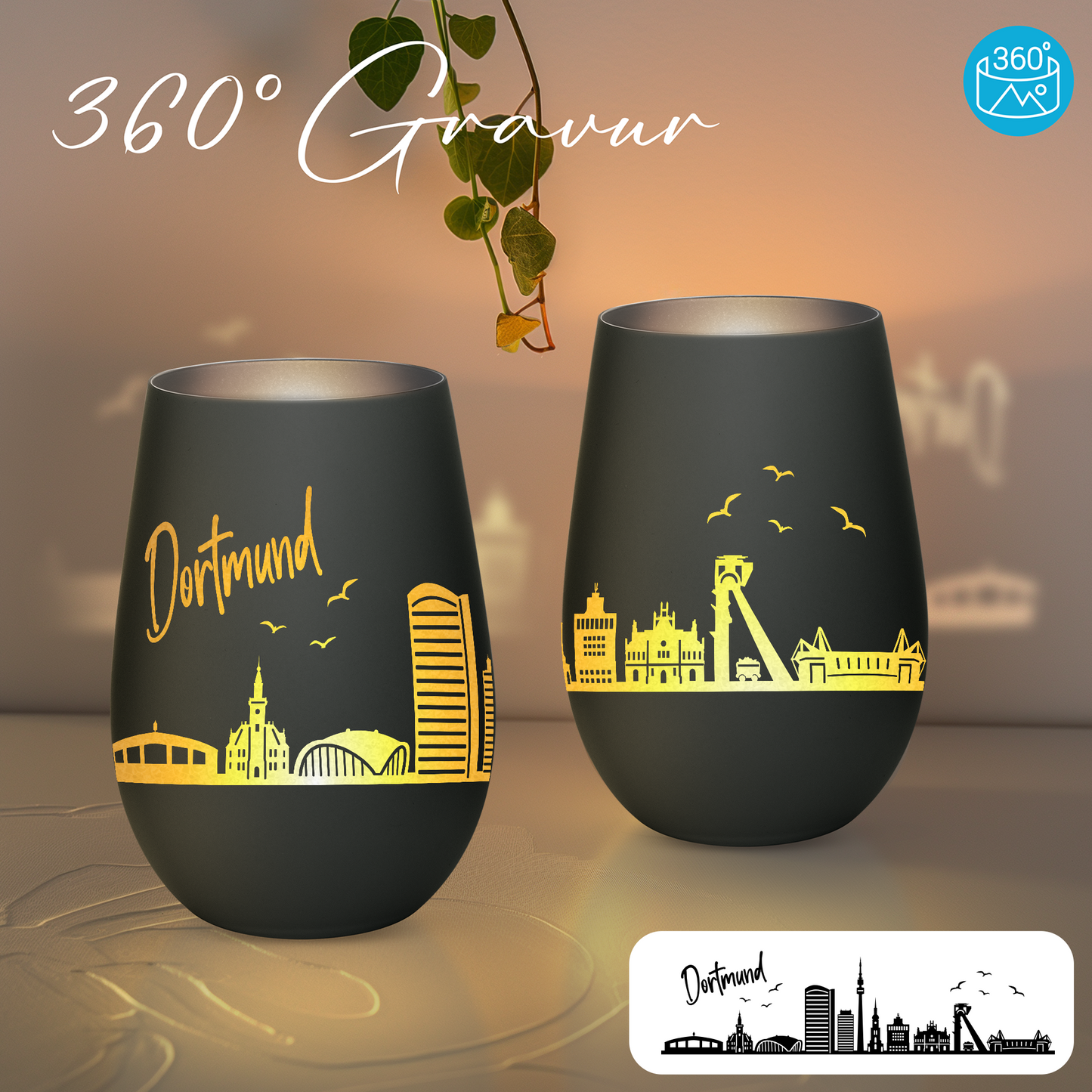 Hochwertiges Glas Windlicht mit Gravur "SKYLINE DORTMUND" in der Farbe Schwarz/Silber