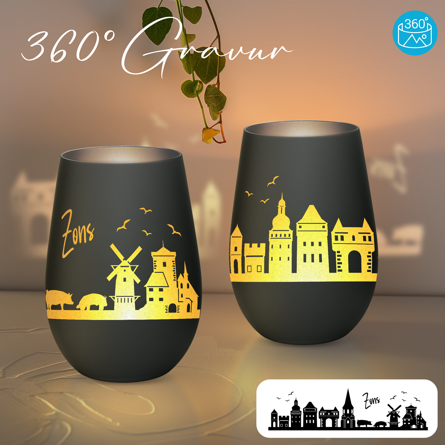 Hochwertiges Glas Windlicht mit Gravur "SKYLINE ZONS (DORMAGEN)" in der Farbe Schwarz/Silber