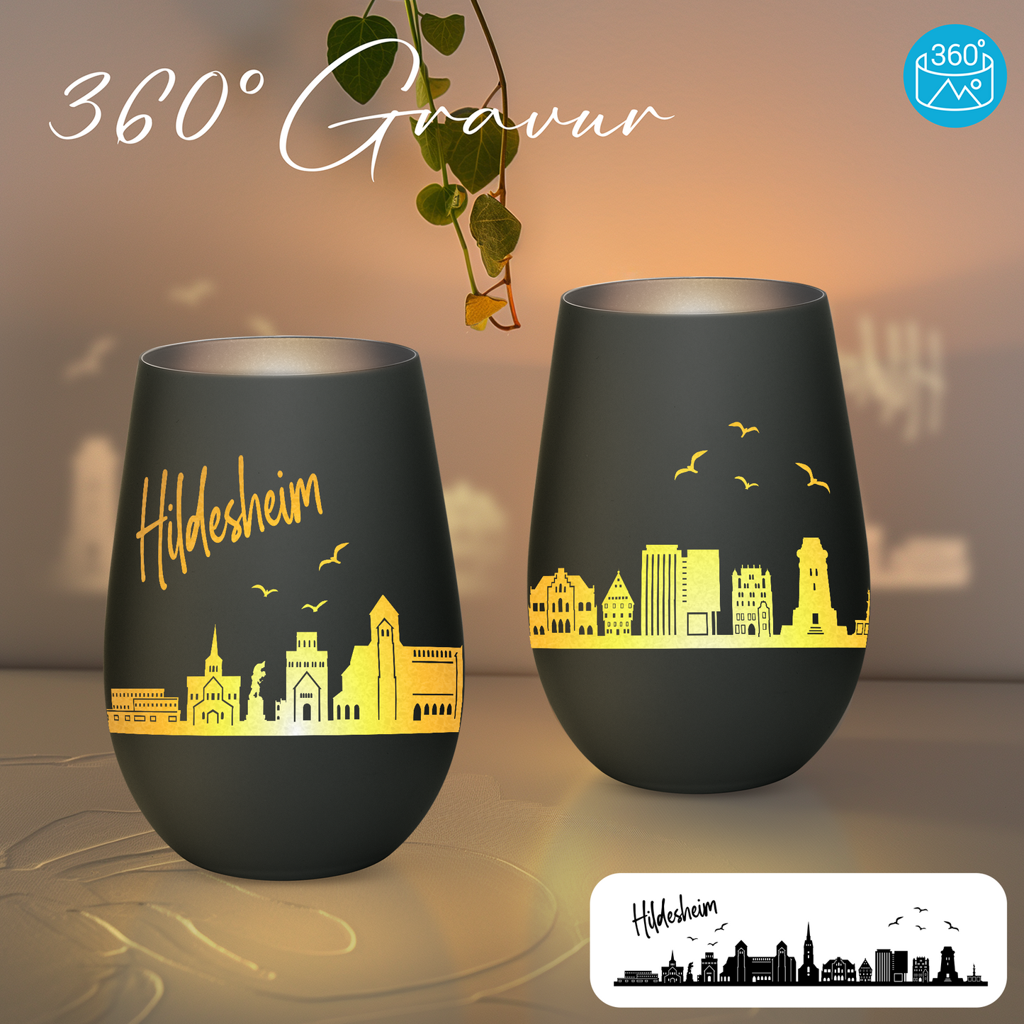 Hochwertiges Glas Windlicht mit Gravur "SKYLINE HILDESHEIM" in der Farbe Schwarz/Silber