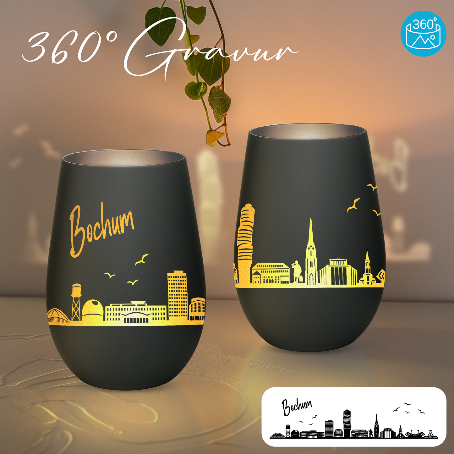 Hochwertiges Glas Windlicht mit Gravur "SKYLINE BOCHUM" in der Farbe Schwarz/Silber