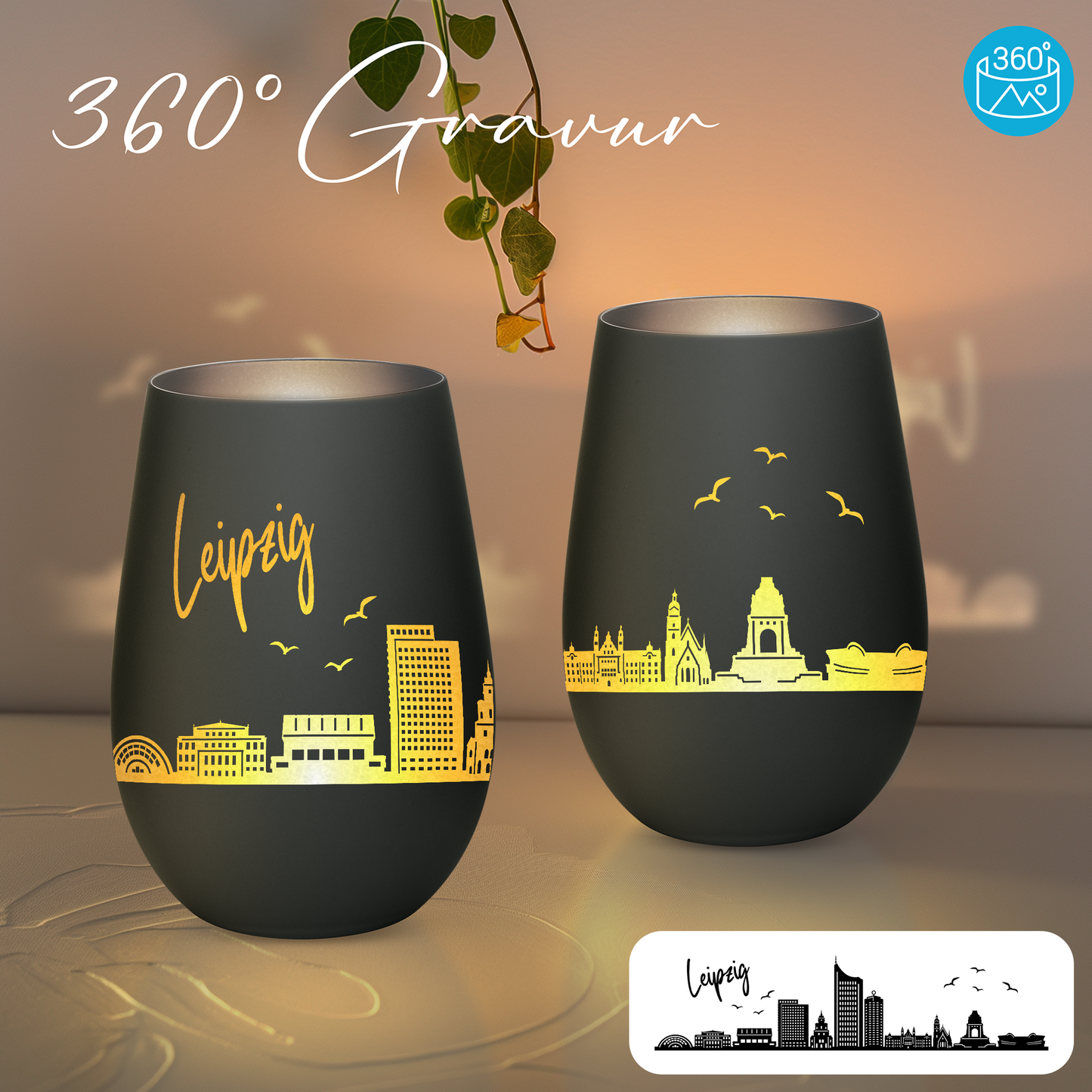Hochwertiges Glas Windlicht mit Gravur "SKYLINE LEIPZIG" in der Farbe Schwarz/Silber