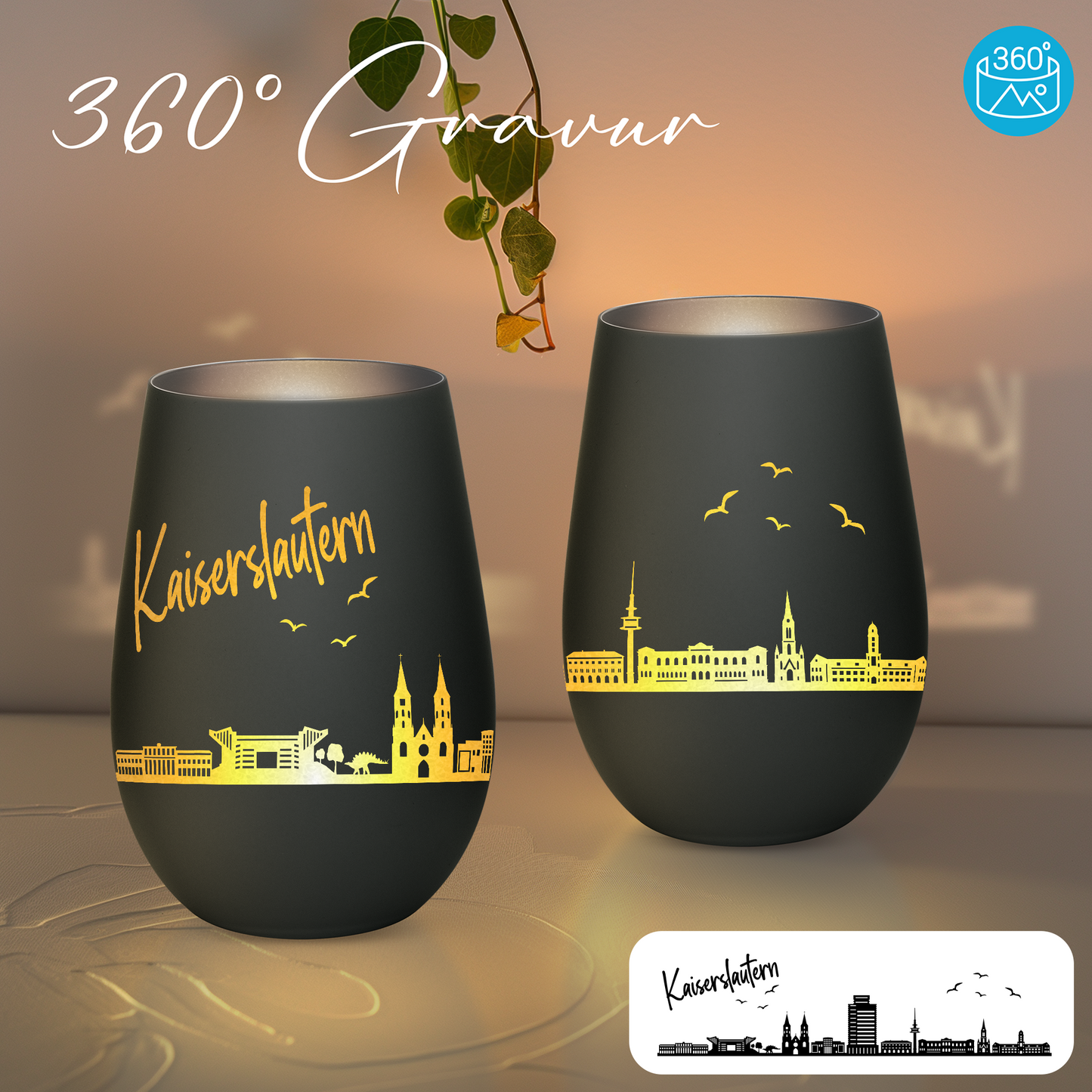 Hochwertiges Glas Windlicht mit Gravur "SKYLINE KAISERSLAUTERN" in der Farbe Schwarz/Silber