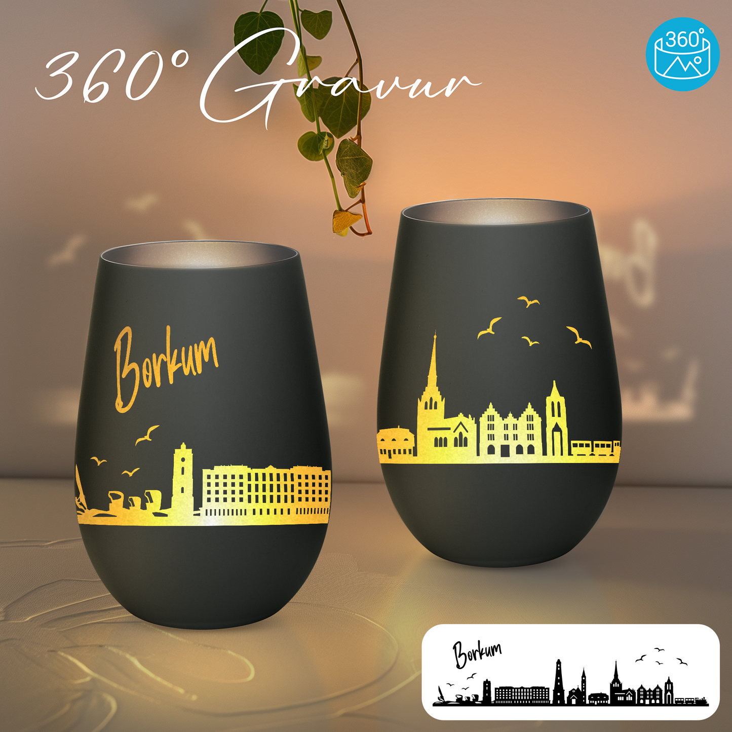 Hochwertiges Glas Windlicht mit Gravur "SKYLINE BORKUM" in der Farbe Schwarz/Silber