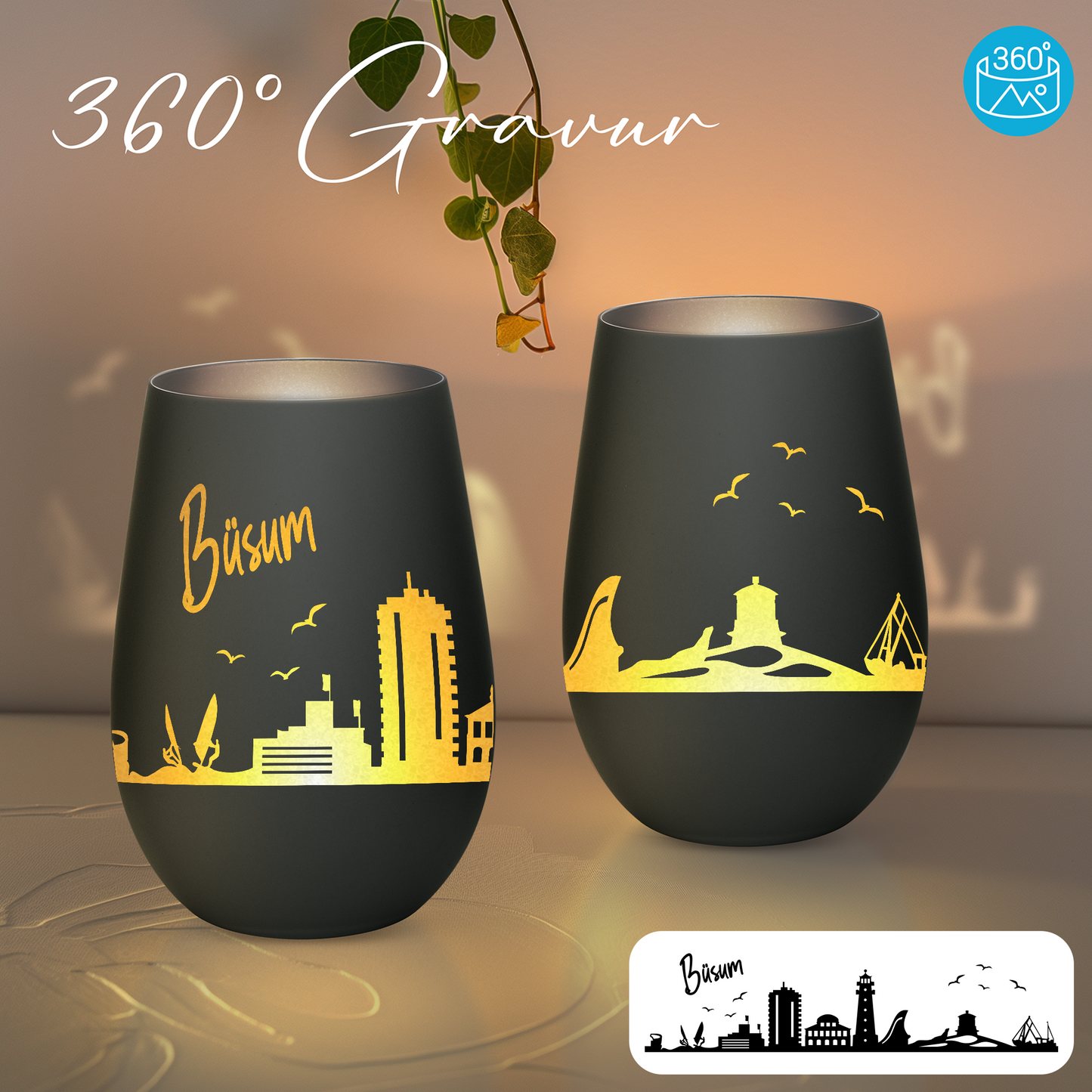 Hochwertiges Glas Windlicht mit Gravur "SKYLINE BÜSUM" in der Farbe Schwarz/Silber