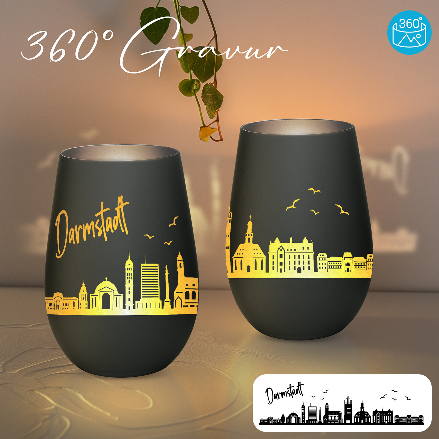 Hochwertiges Glas Windlicht mit Gravur "SKYLINE DARMSTADT" in der Farbe Schwarz/Silber