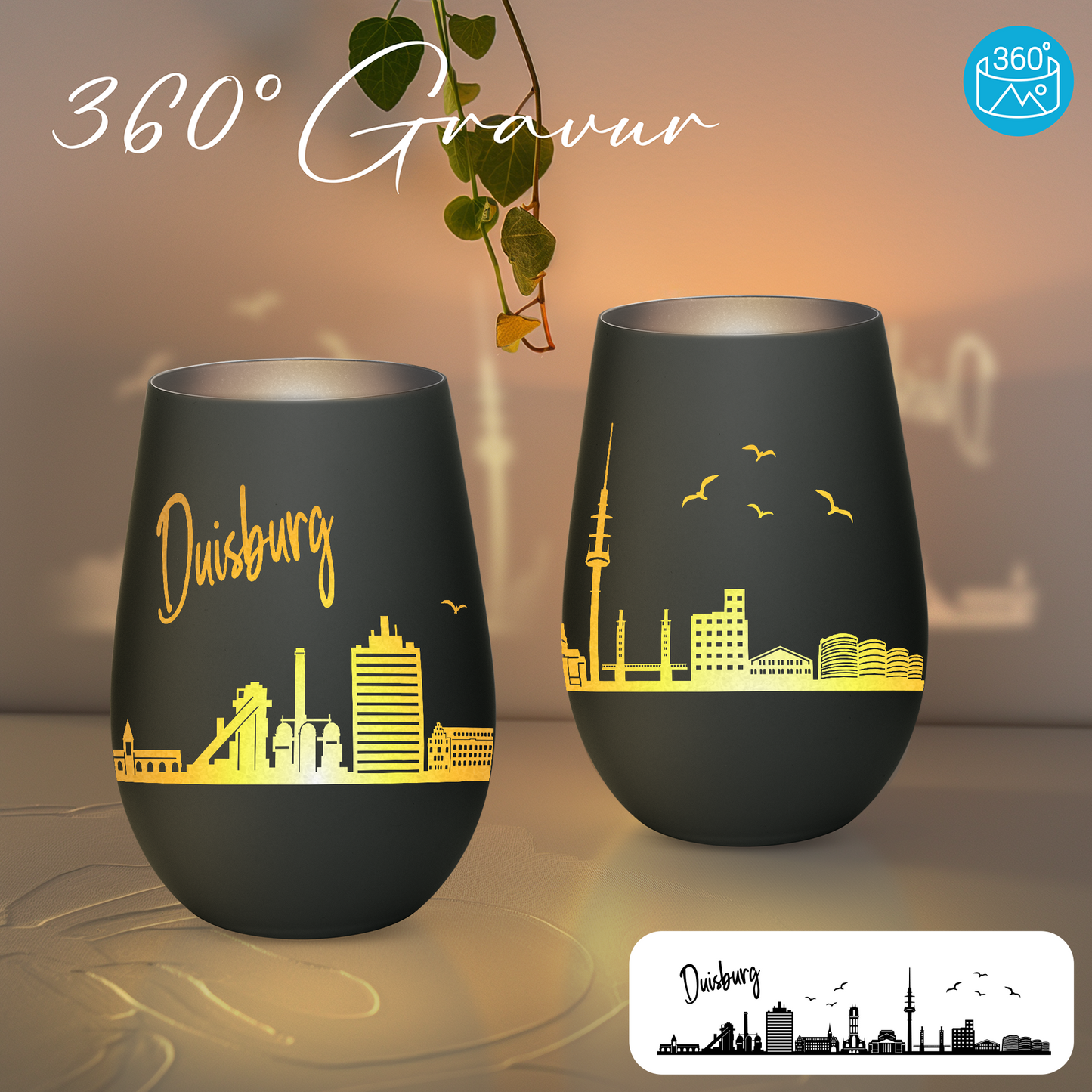 Hochwertiges Glas Windlicht mit Gravur "SKYLINE DUISBURG" in der Farbe Schwarz/Silber