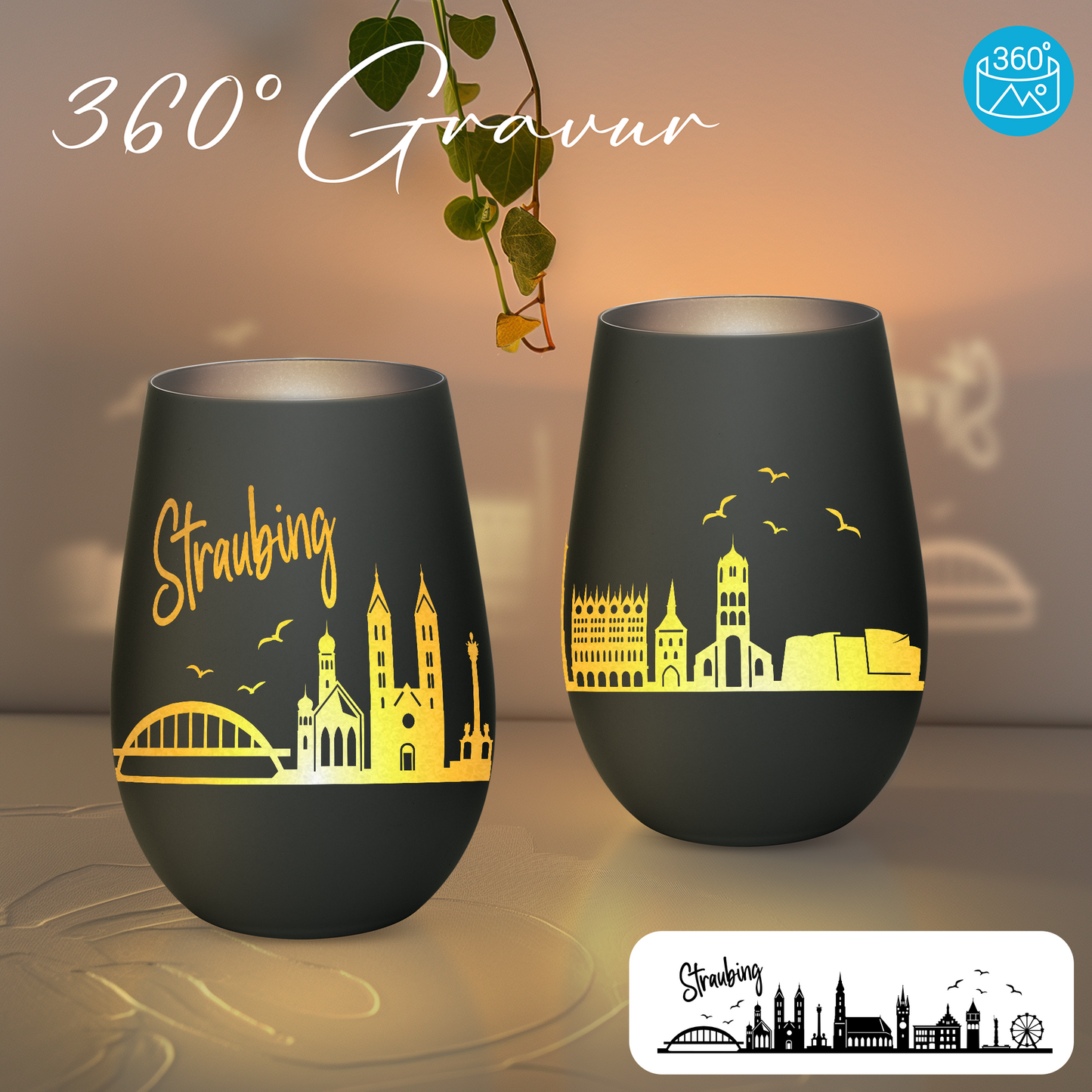 Hochwertiges Glas Windlicht mit Gravur "SKYLINE STRAUBING" in der Farbe Schwarz/Silber