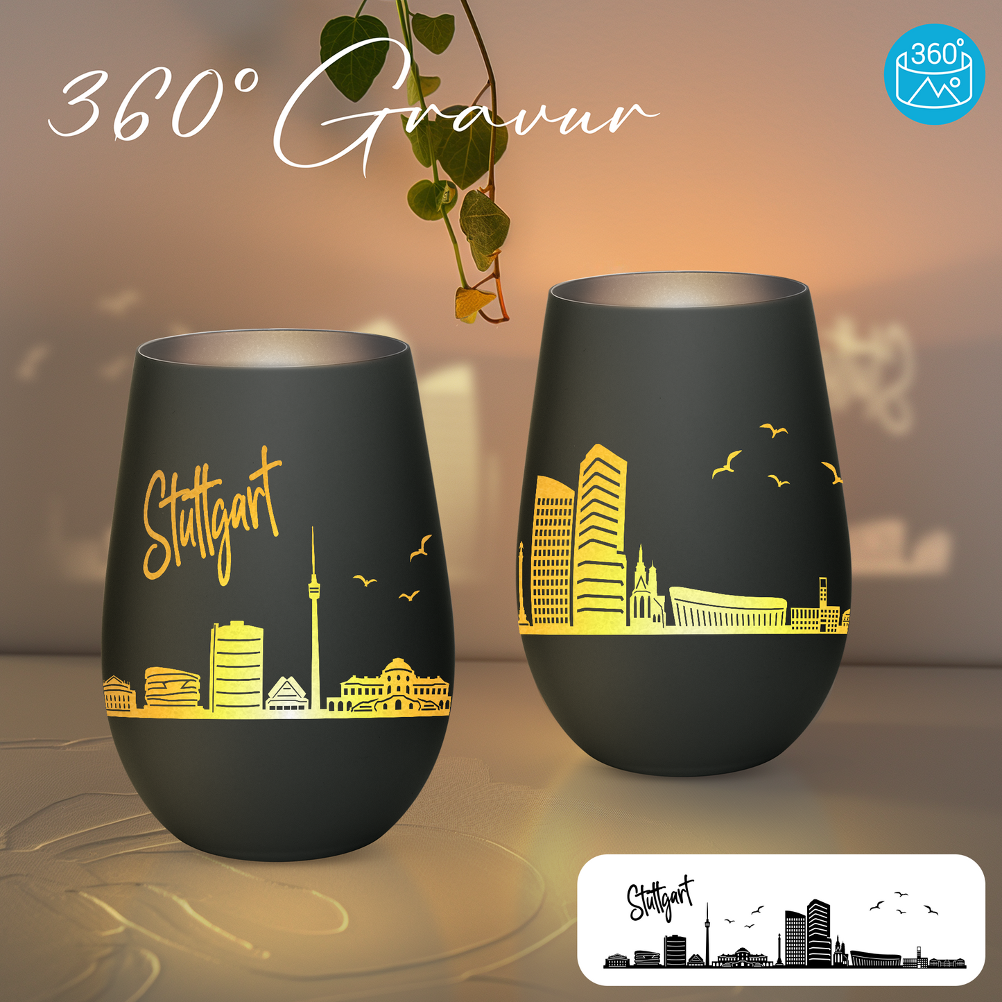 Hochwertiges Glas Windlicht mit Gravur "SKYLINE STUTTGART" in der Farbe Schwarz/Silber