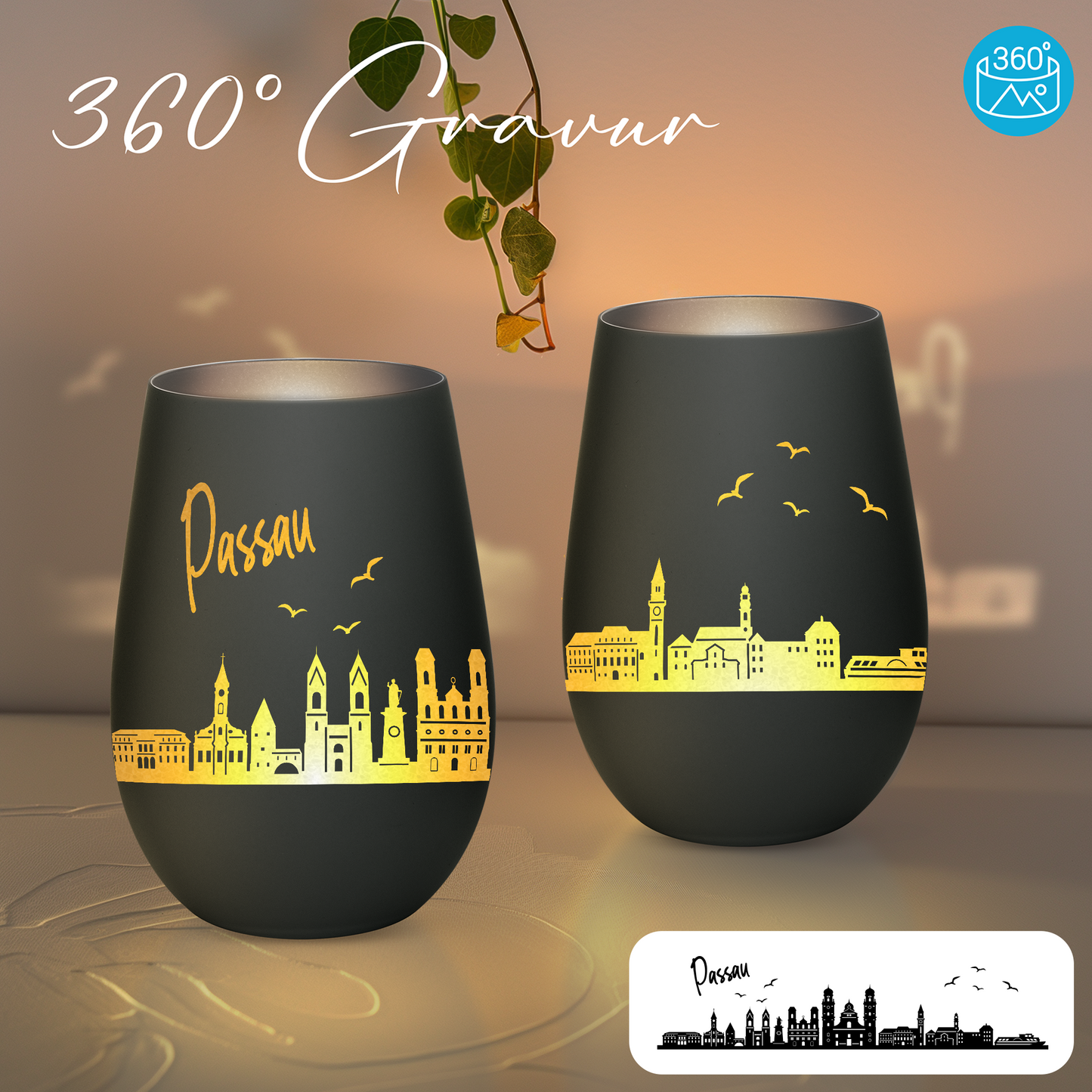 Hochwertiges Glas Windlicht mit Gravur "SKYLINE PASSAU" in der Farbe Schwarz/Silber