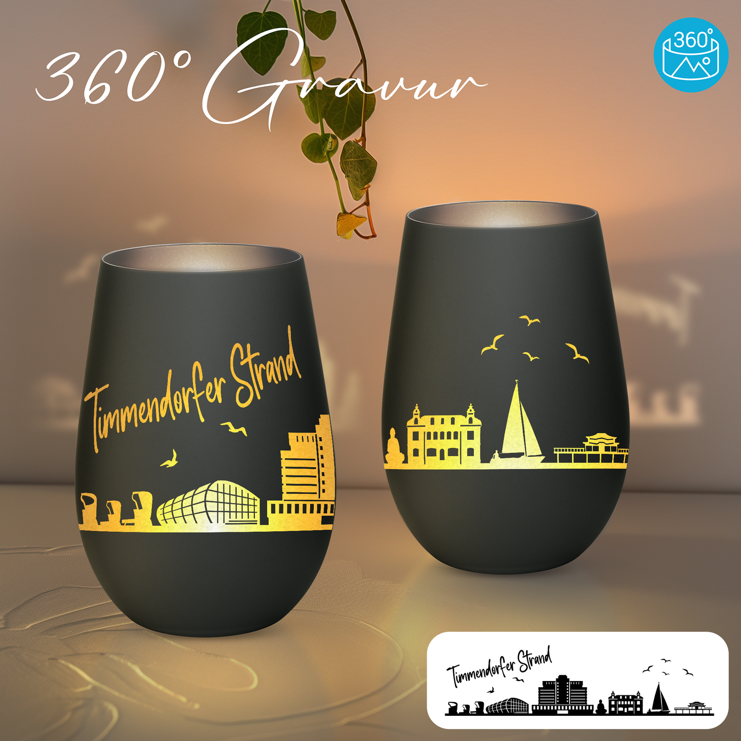 Hochwertiges Glas Windlicht mit Gravur "SKYLINE TIMMENDORFER STRAND" in der Farbe Schwarz/Silber
