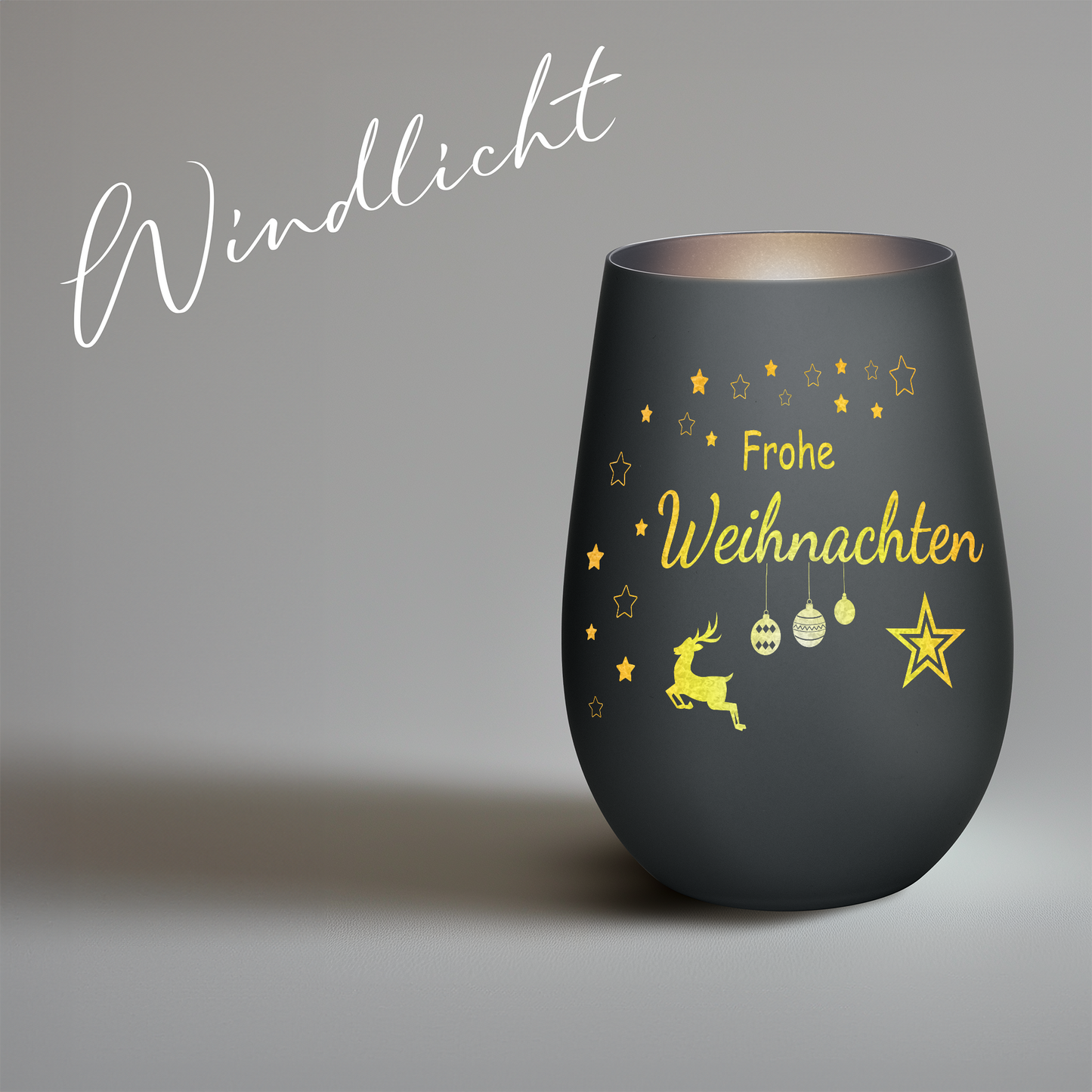 Hochwertiges Glas Windlicht mit Gravur "FROHE WEIHNACHTEN" in der Farbe Schwarz/Silber