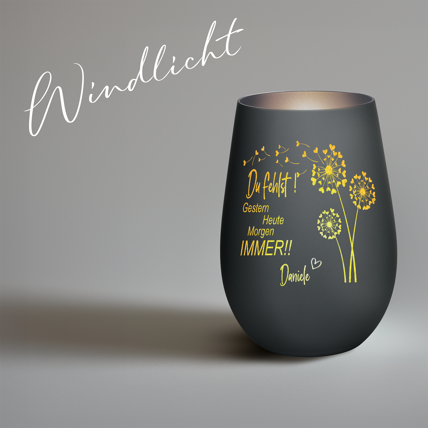 Hochwertiges Glas Windlicht mit Gravur als Trauerlicht "DU FEHLST! GESTERN HEUTE MORGEN IMMER" mit Wunschname in der Farbe Schwarz/Silber
