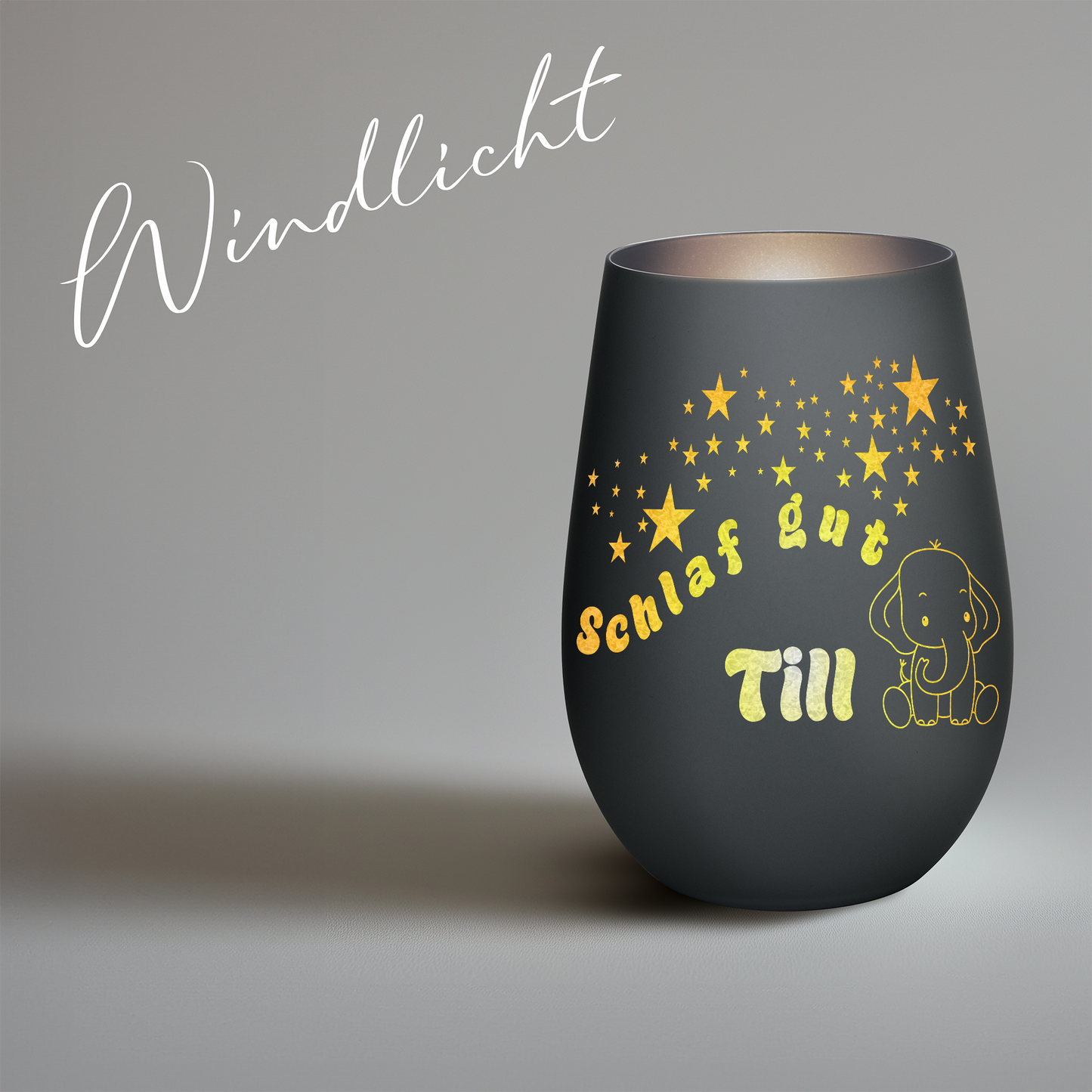 Hochwertiges Glas Windlicht für Kinder mit Gravur "SCHLAF GUT" Motiv Elefant mit Wunschname in der Farbe Schwarz/Silber