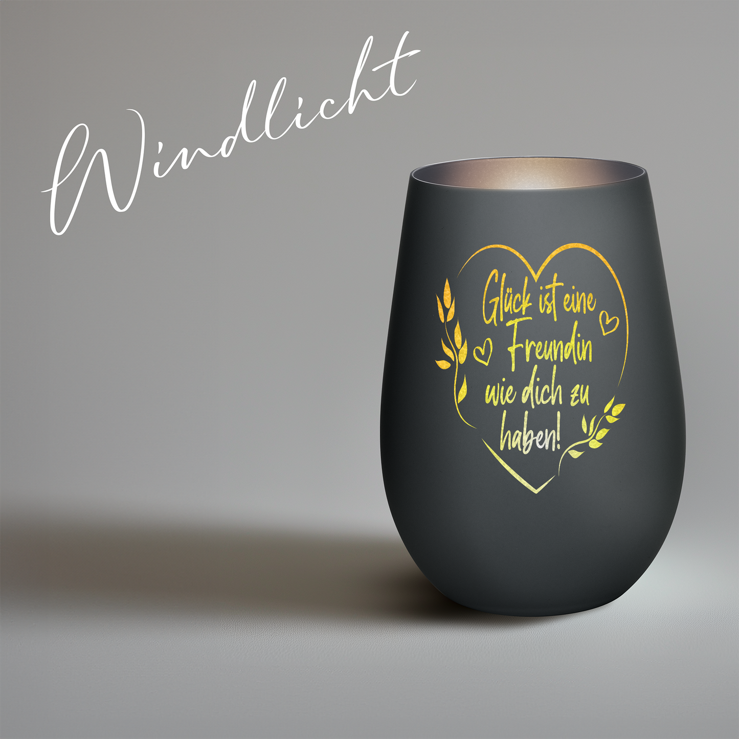 Hochwertiges Glas Windlicht mit Gravur "GLÜCK IST EINE FREUNDIN MIT HERZ" in der Farbe Schwarz/Silber