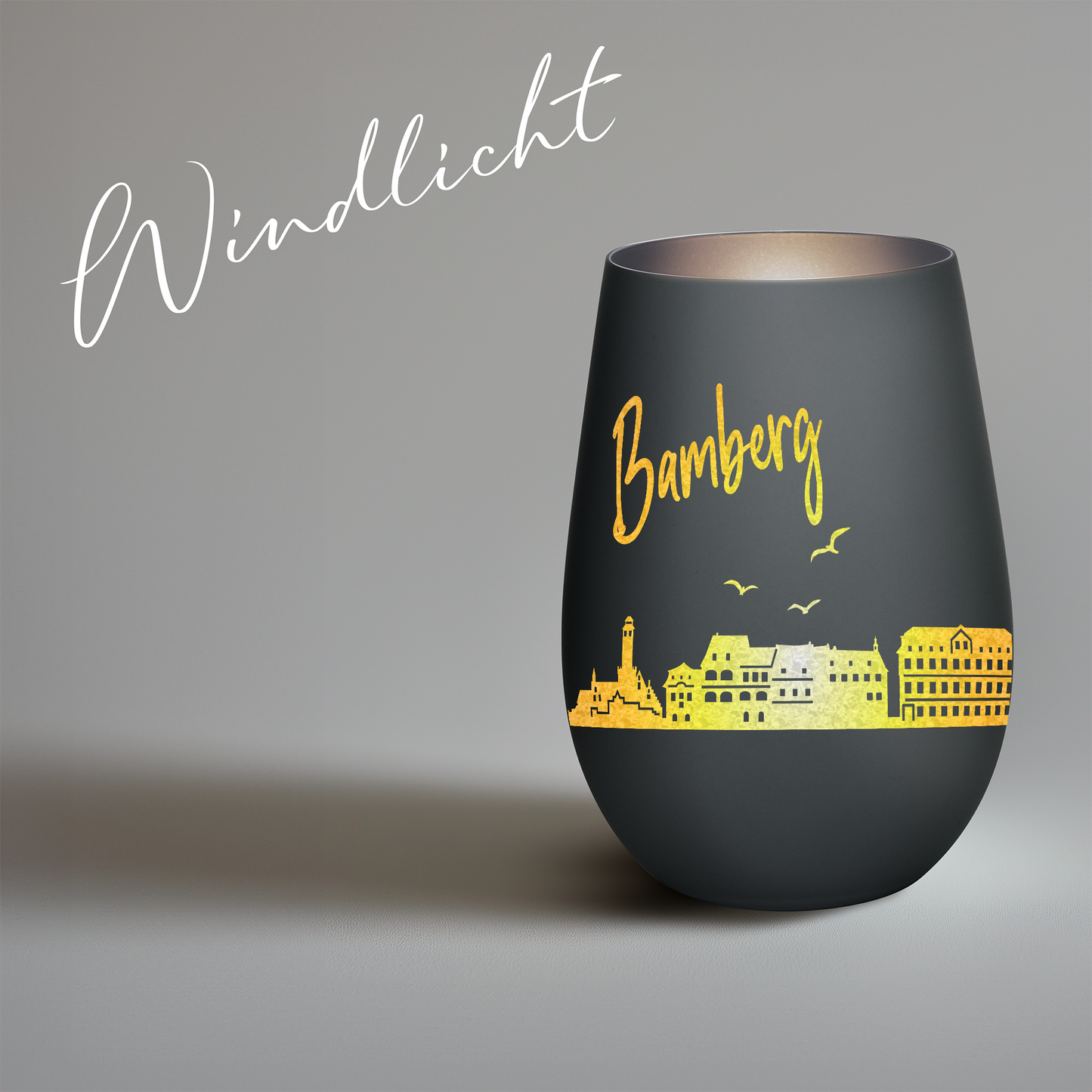 Hochwertiges Glas Windlicht mit Gravur "SKYLINE BAMBERG" in der Farbe Schwarz/Silber