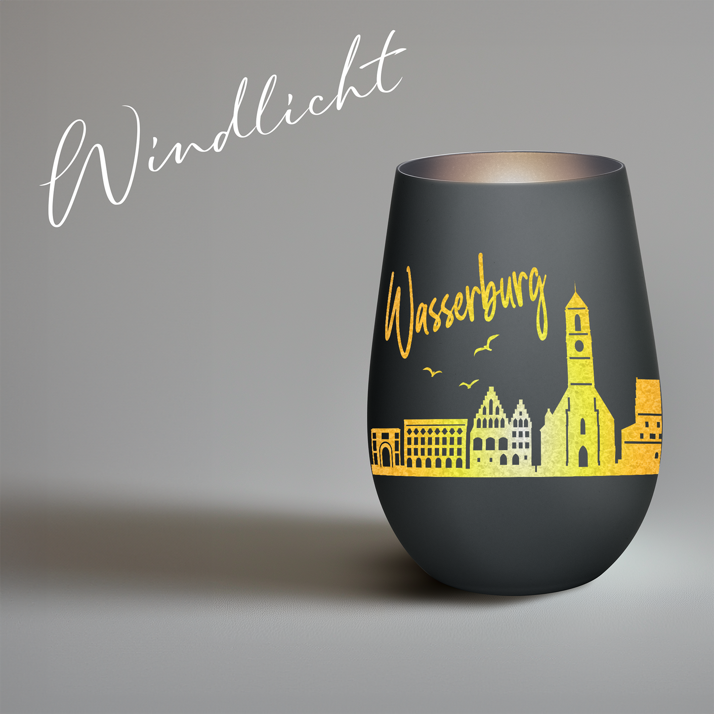 Hochwertiges Glas Windlicht mit Gravur "SKYLINE WASSERBURG" in der Farbe Schwarz/Silber