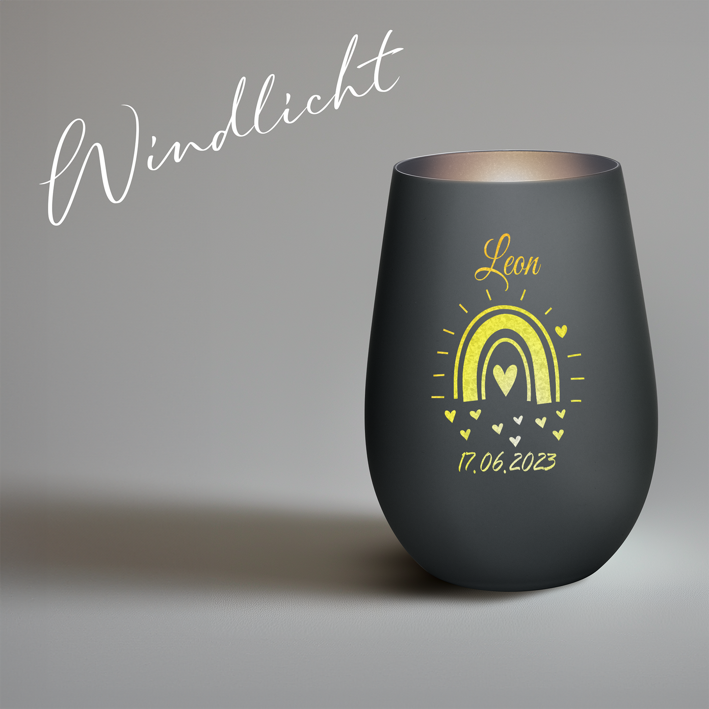 Hochwertiges Glas Windlicht mit Gravur "GEBURT MIT REGENBOGEN" mit Wunschname und Datum in der Farbe Schwarz/Silber