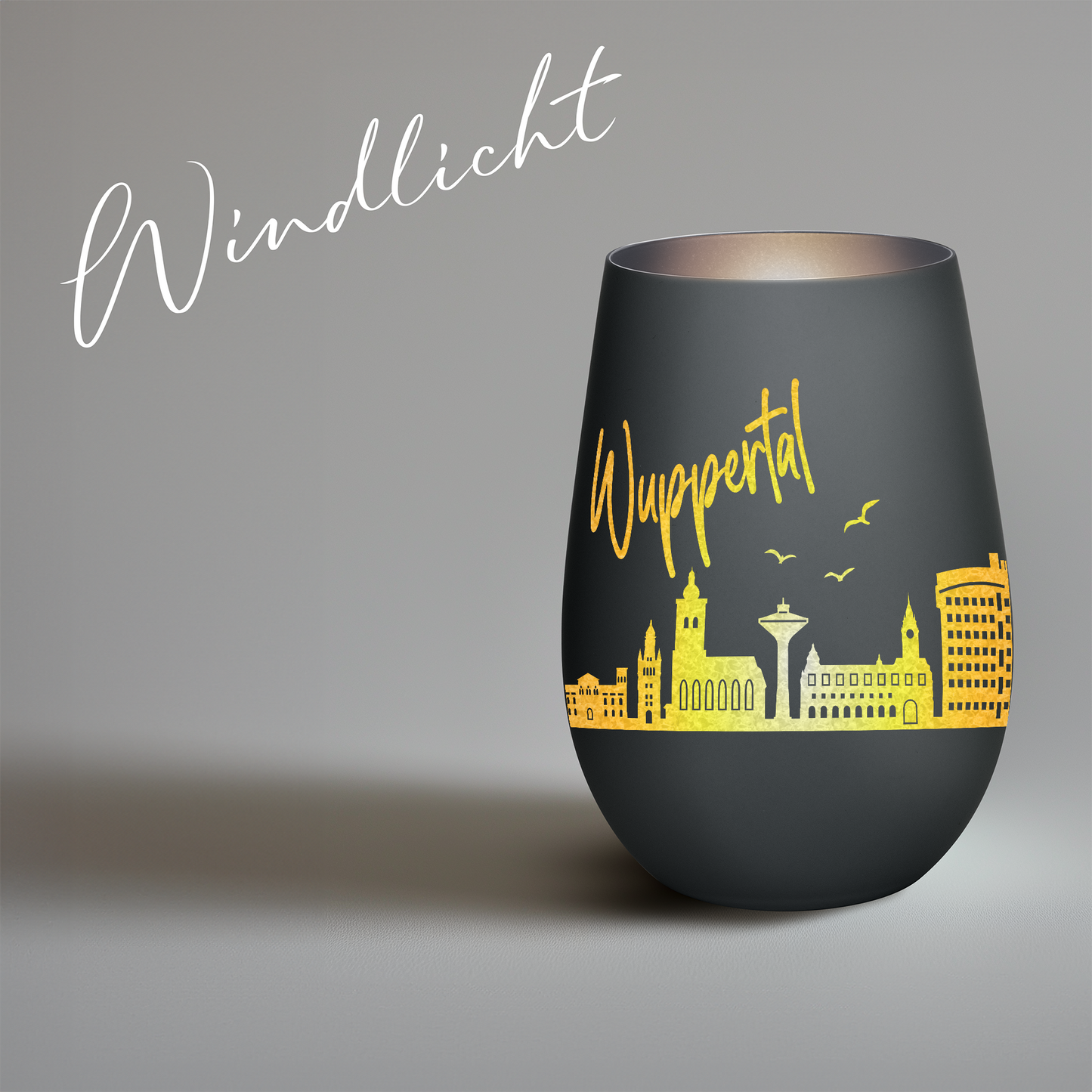 Hochwertiges Glas Windlicht mit Gravur "SKYLINE WUPPERTAL" in der Farbe Schwarz/Silber