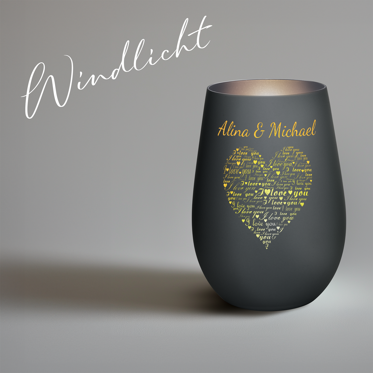 Hochwertiges Glas Windlicht mit Gravur "I LOVE YOU" mit Wunschnamen in der Farbe Schwarz/Silber