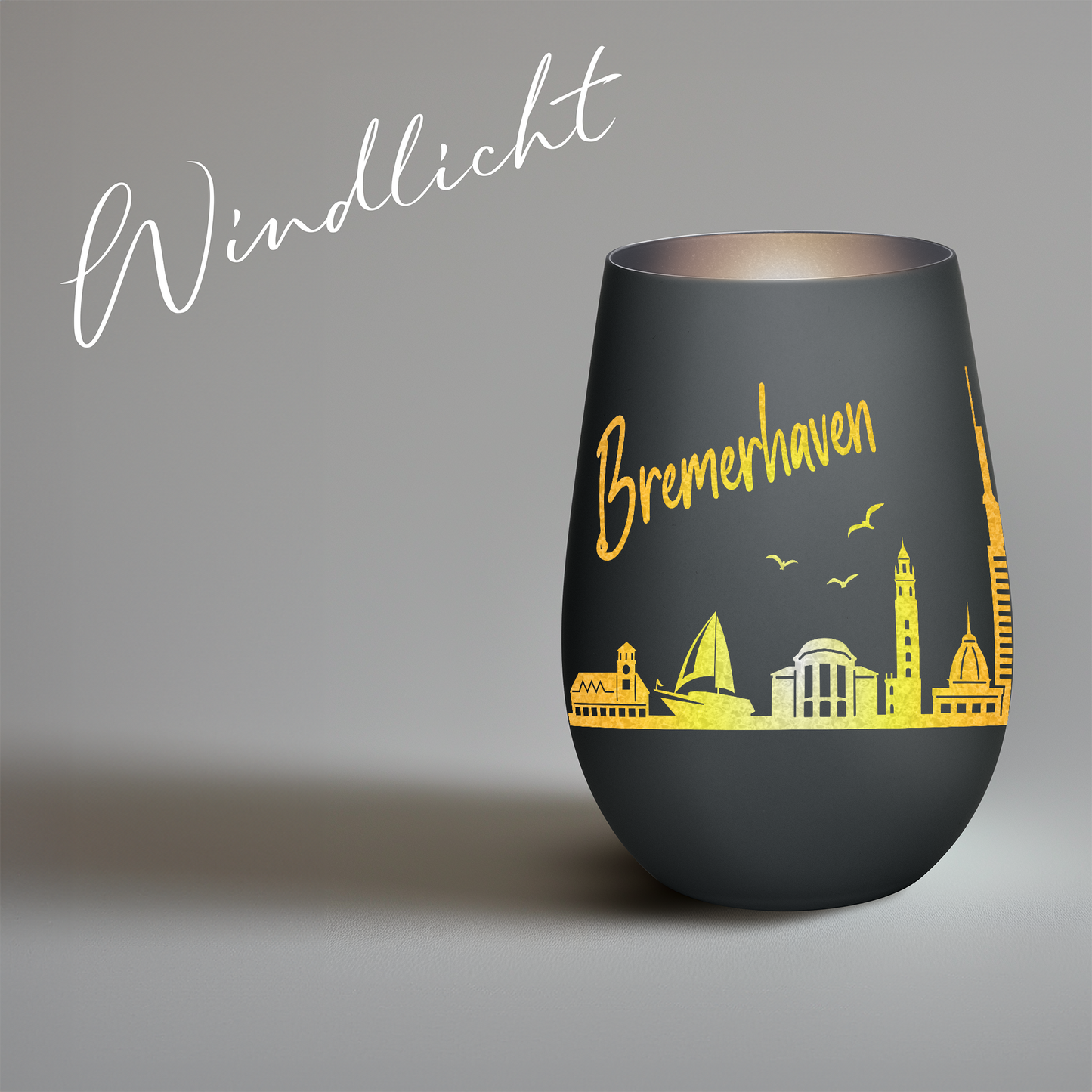 Hochwertiges Glas Windlicht mit Gravur "SKYLINE BREMERHAVEN" in der Farbe Schwarz/Silber