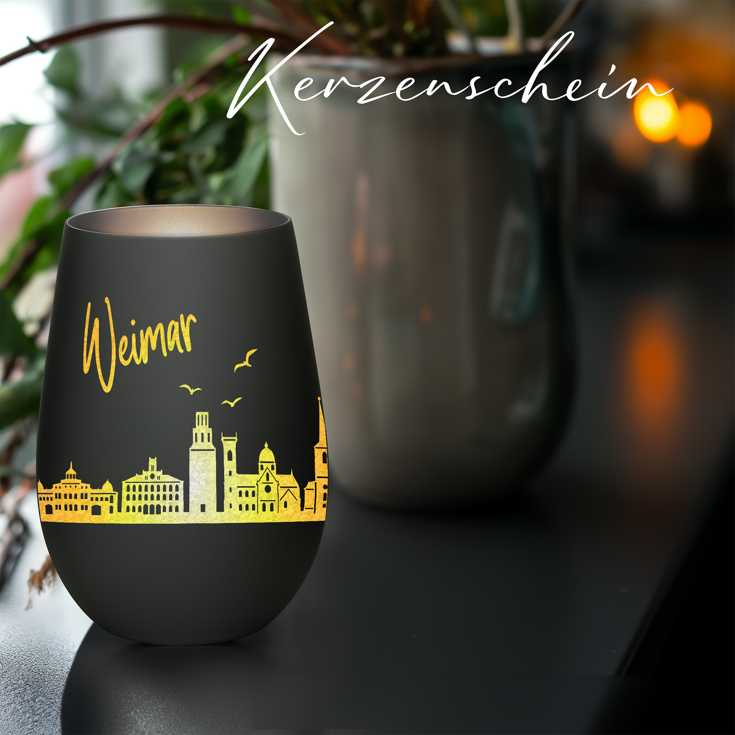 Hochwertiges Glas Windlicht mit Gravur "SKYLINE WEIMAR" in der Farbe Schwarz/Silber