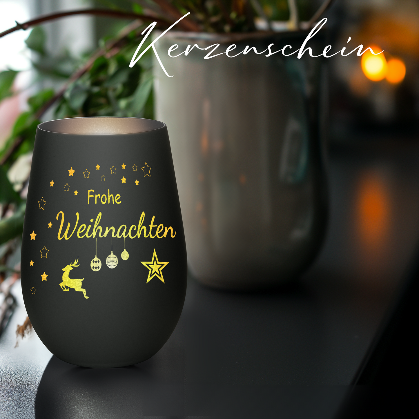 Hochwertiges Glas Windlicht mit Gravur "FROHE WEIHNACHTEN" in der Farbe Schwarz/Silber